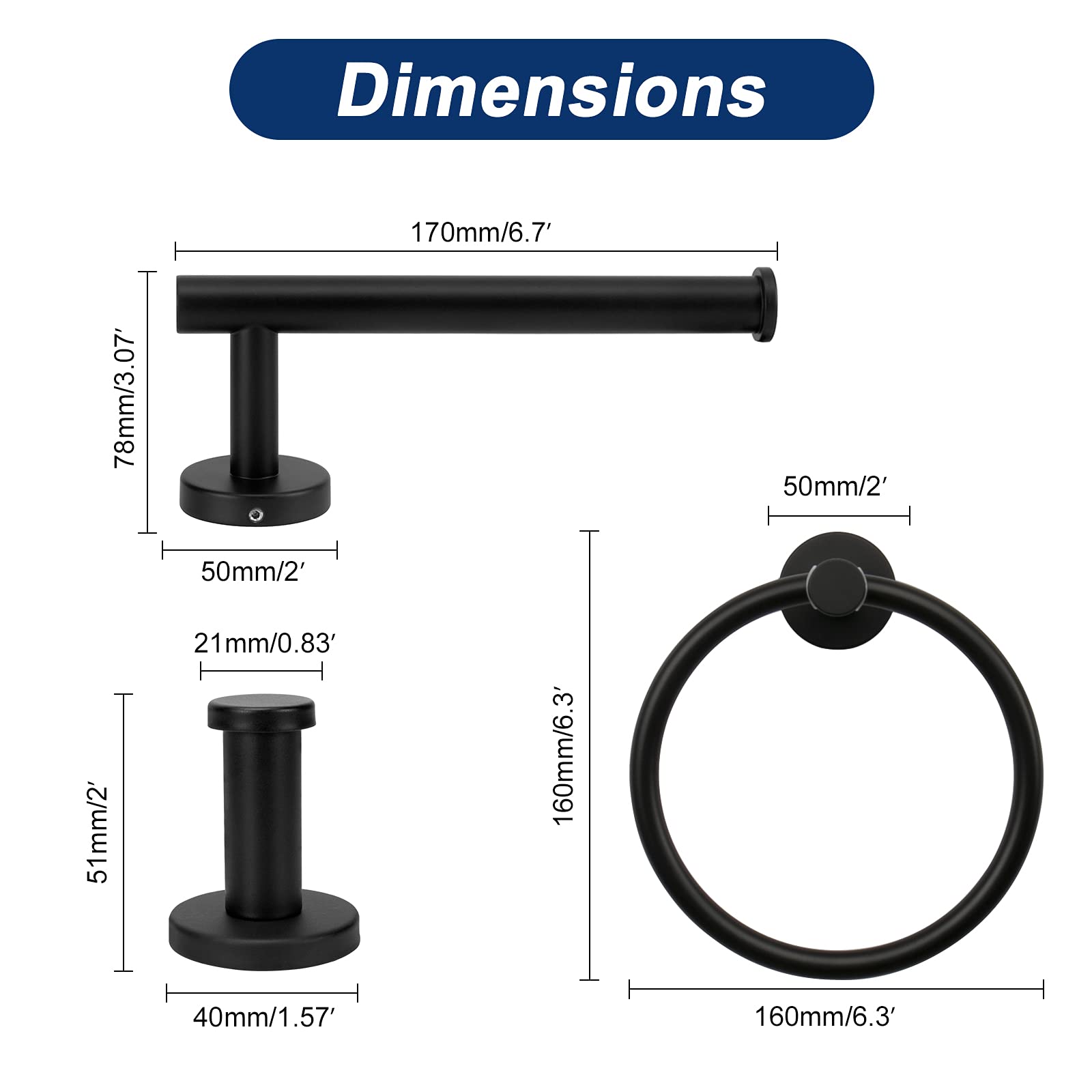 NearMoon 4-Piece Matte Black Stainless Steel Bathroom Hardware Set - Includes Towel Ring, Toilet Paper Holder & 2 Robe Hooks - Wall Mounted Bath Accessories for Modern Home Decor (Perfect for Bathroom, Powder Room & Spa Style Vanity)