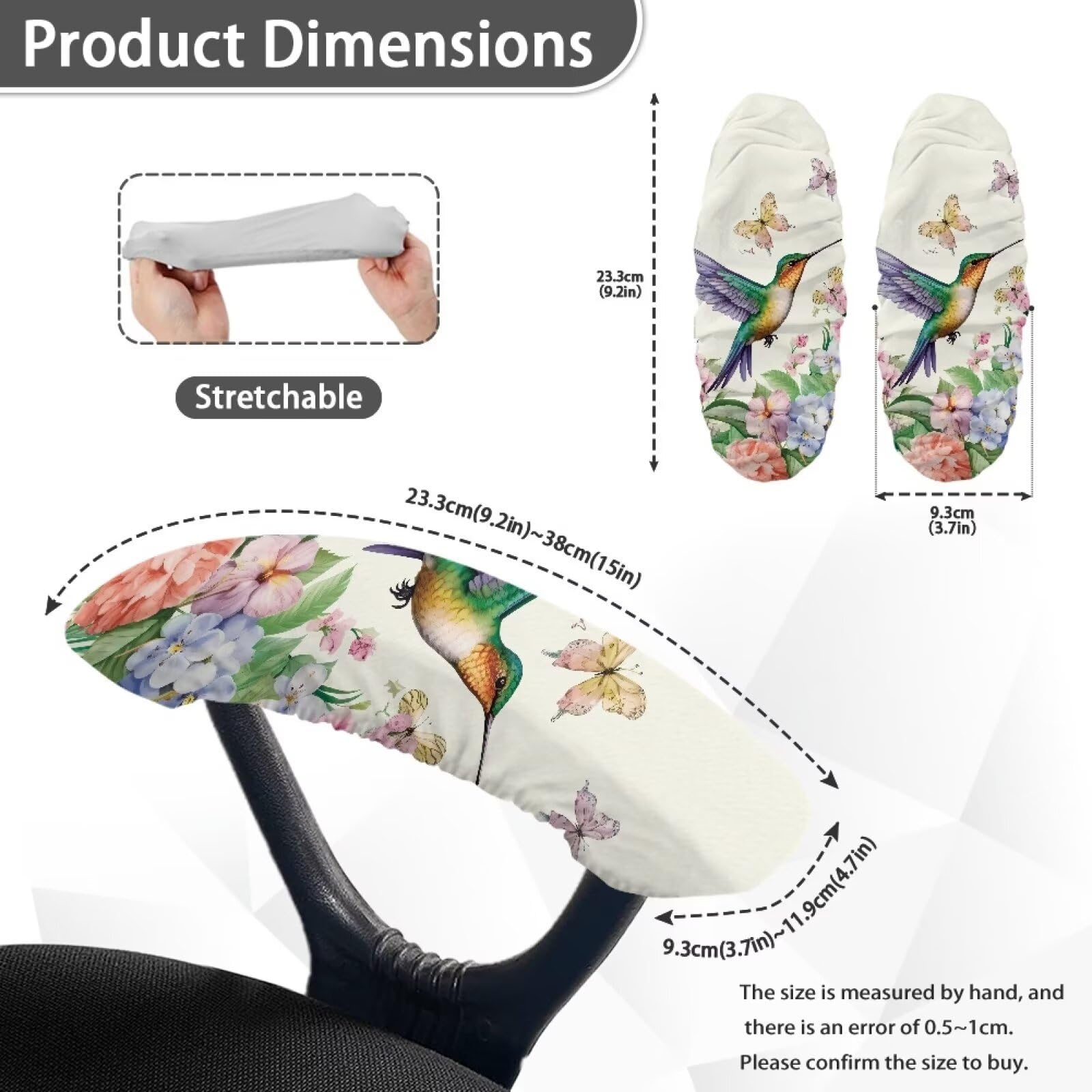Hummingbird Butterfly Floral Elastic Office Chair Armrest Covers - 1 Pair Washable Chair Protectors for Computer & Desk Chairs - Perfect for Home Office, Study Room & Workspace Decor