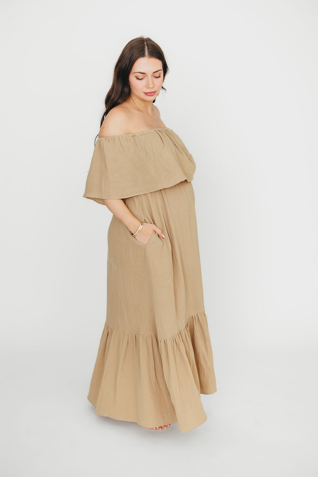 Josie 100% Cotton Maternity Maxi Dress in Khaki - Bump & Nursing Friendly for Pregnancy & Breastfeeding | Perfect for Casual Outings, Baby Showers & Nursing Comfort