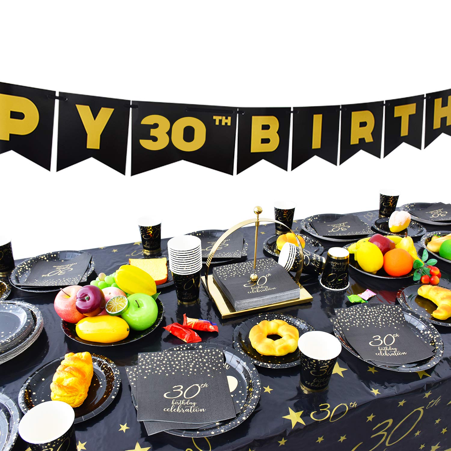 Gatherfun 30th Birthday Party Supplies Set - 30 Disposable Paper Plates, Napkins, Cups, Cutlery & Tablecloth - Black & Gold Decorations for Men & Women (Serves 25) - Perfect for Milestone Birthdays, Anniversary Celebrations & Themed Parties