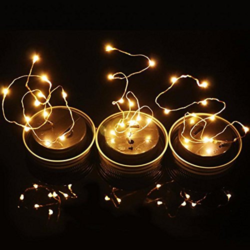 6-Pack Solar Mason Jar Lid Lights with 30 LED Bulbs & 6 Fairy String Lights (20 LEDs Each) - Outdoor Patio, Garden, Wedding, Party Decor - Includes Hangers & Batteries (Jars Not Included)