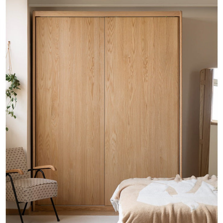 Solid Oak Wood Sliding Door Wardrobe Closet - Modern Storage Solution for Bedroom, Living Room & Office