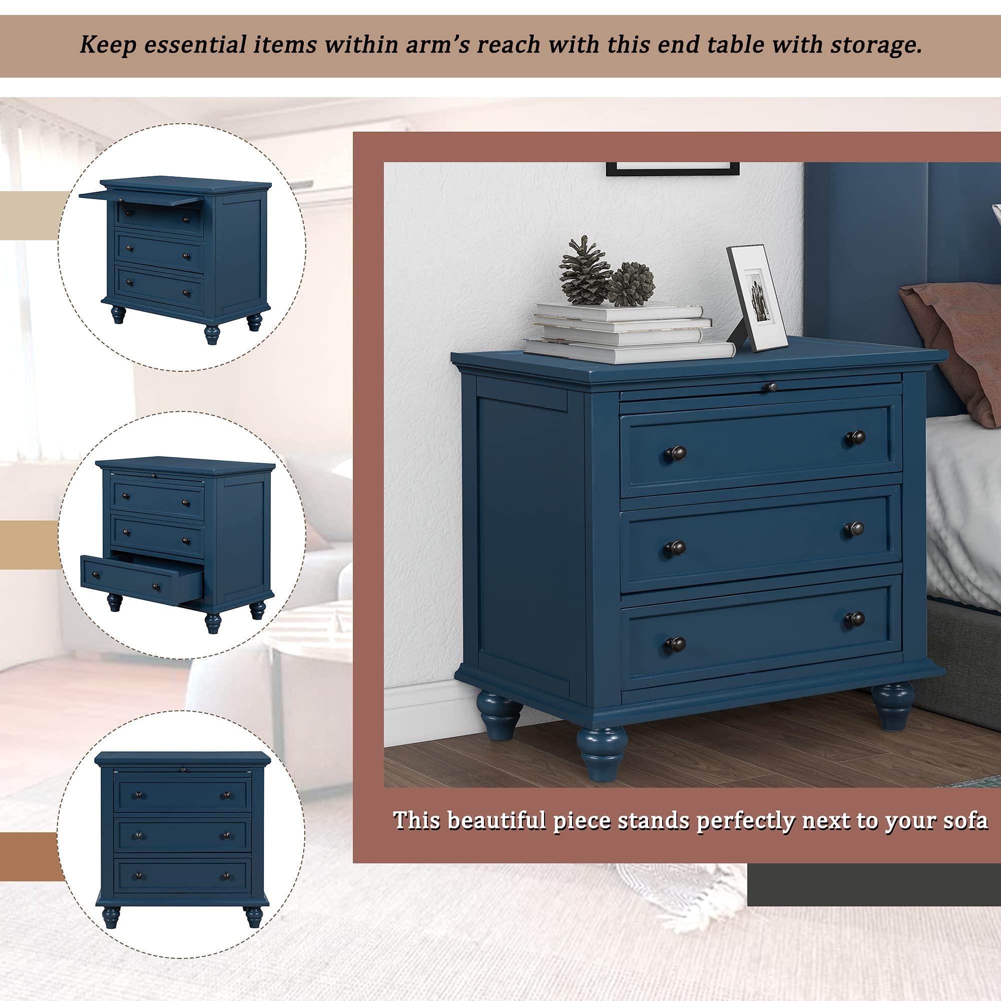 SSLine 3 Drawer Solid Wood Storage Cabinet - Modern Dresser Chest with Pull Out Tray, Nightstand Side Table for Bedroom & Living Room - Spacious Wooden Furniture for Home Organization & Storage Solutions