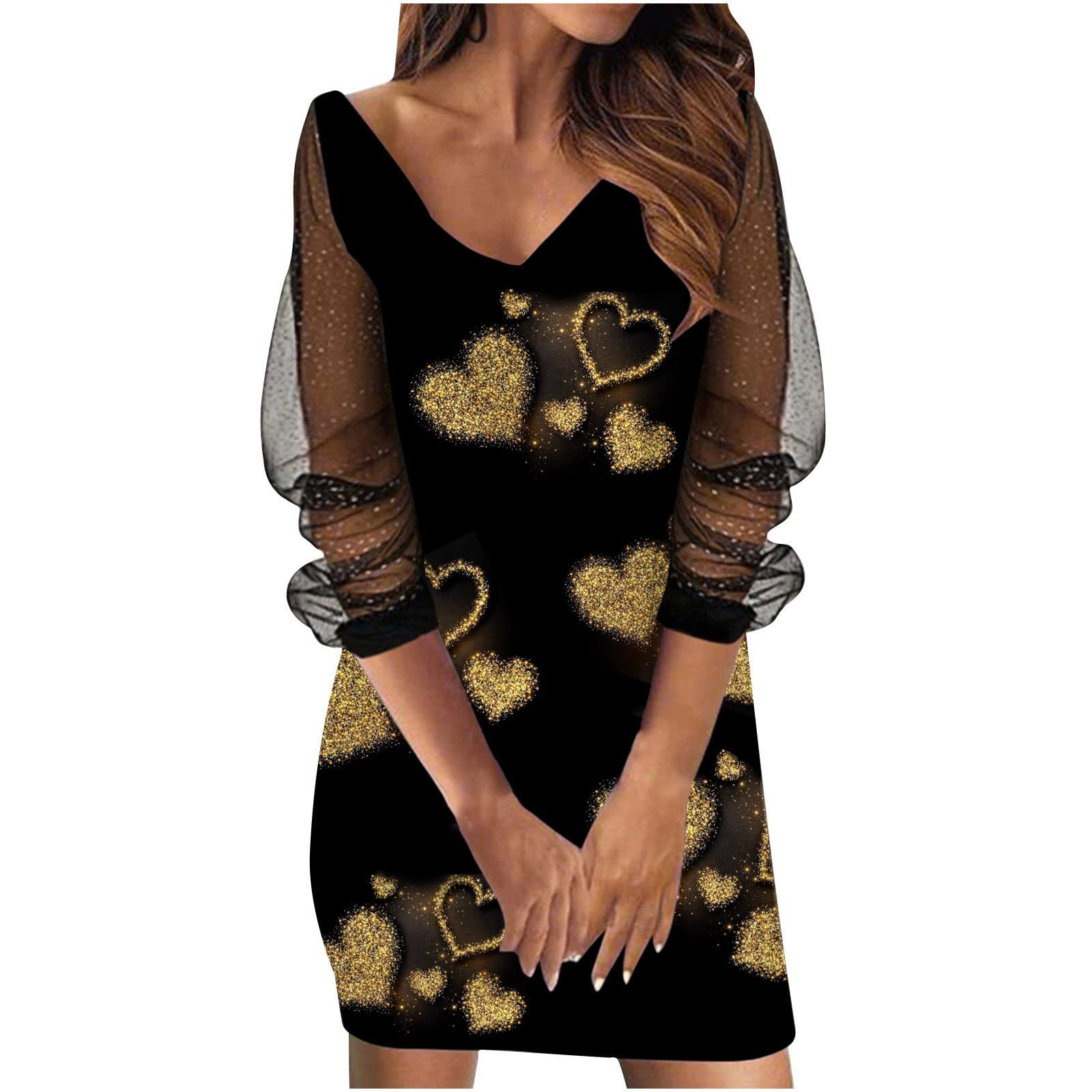 Women's Summer Work Dresses - V-Neck Long Sleeve Printed Tulle Dress with Lace | Office Wear, Party & Casual Outfits | Perfect for Business Meetings, Cocktail Events & Summer Weddings