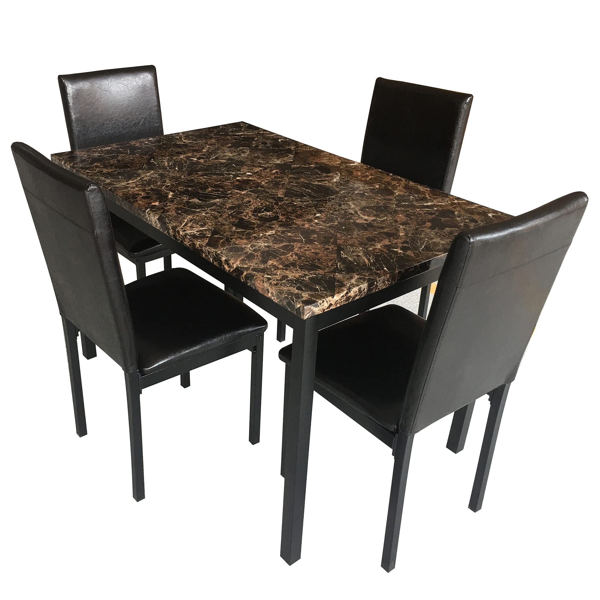 5-Piece Black Faux Marble Dining Table Set with Soft Leather Chairs - Kitchen & Living Room Furniture for 4 People | Compact Space-Saving Design for Small Apartments, Breakfast Nooks & Cozy Dining Areas