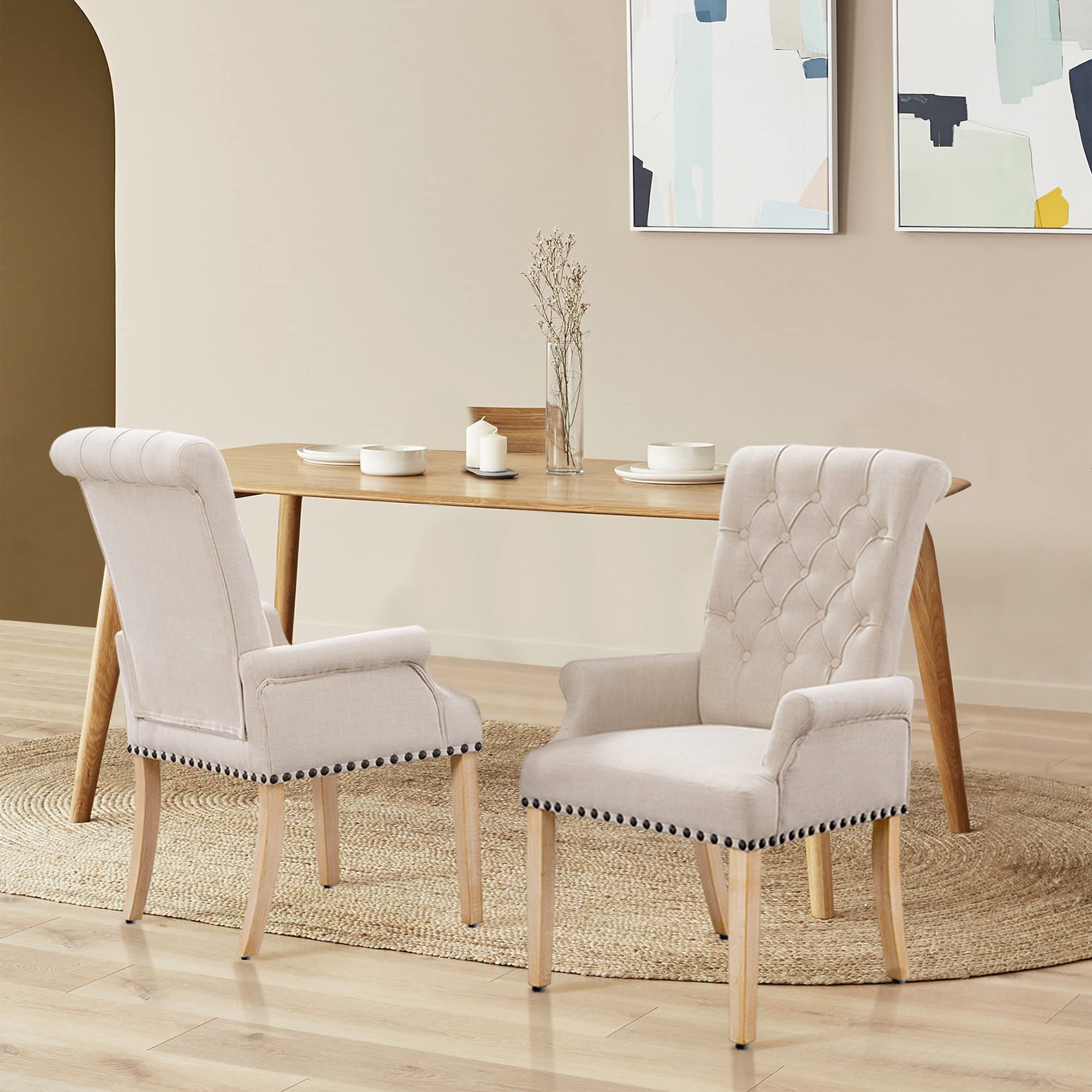 Luxury Fabric Dining Chairs - Upholstered Tufted Armrest Accent Chairs with Nailhead Trim & Solid Wood Legs for Home, Kitchen, Living Room (Beige) | Perfect for Dining Sets, Breakfast Nooks & Elegant Home Decor