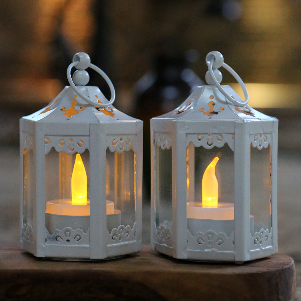 White Hexagon Mini Lanterns - Set of 6, Battery Operated LED Tea Lights - Perfect for Wedding Decor, Garden Party, Patio Lighting & Home Decoration