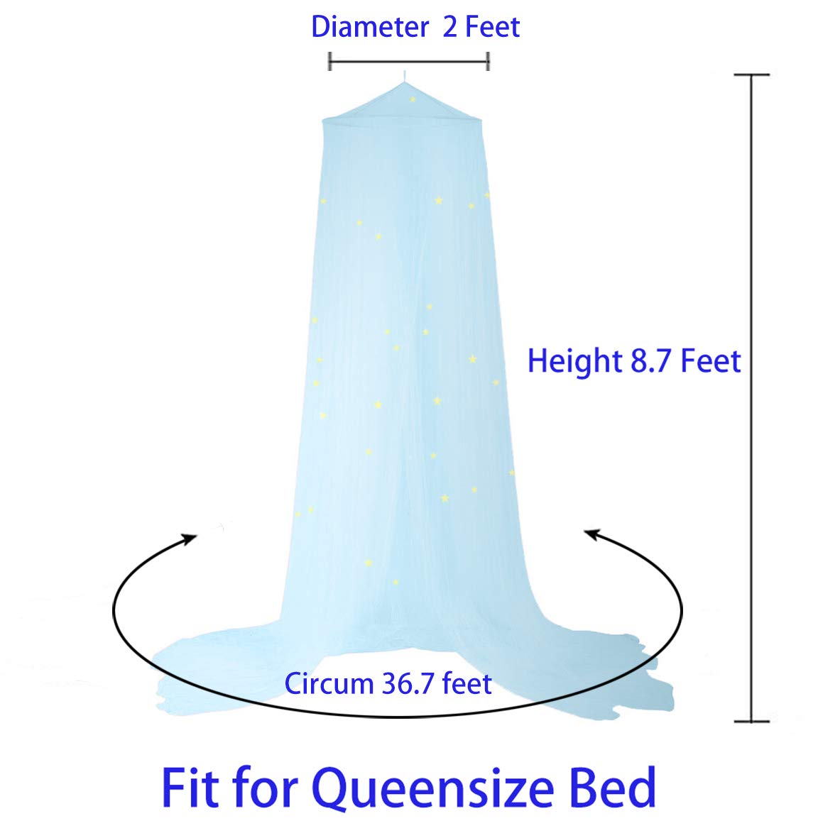 BCBYou Glow in the Dark Mosquito Net Bed Canopy with Fluorescent Stars - Light Blue for Baby Crib, Kids Bed & Full Size Bed - Perfect for Nursery, Children's Room & Adult Bedroom Decor