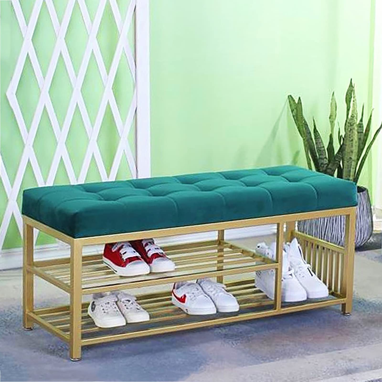 Modern Velvet Upholstered Shoe Storage Bench - Entryway Organizer with Comfy Seat, Green (60x35x45cm/24x14x18in) - Perfect for Small Spaces, Hallway Décor & Shoe Storage Solutions