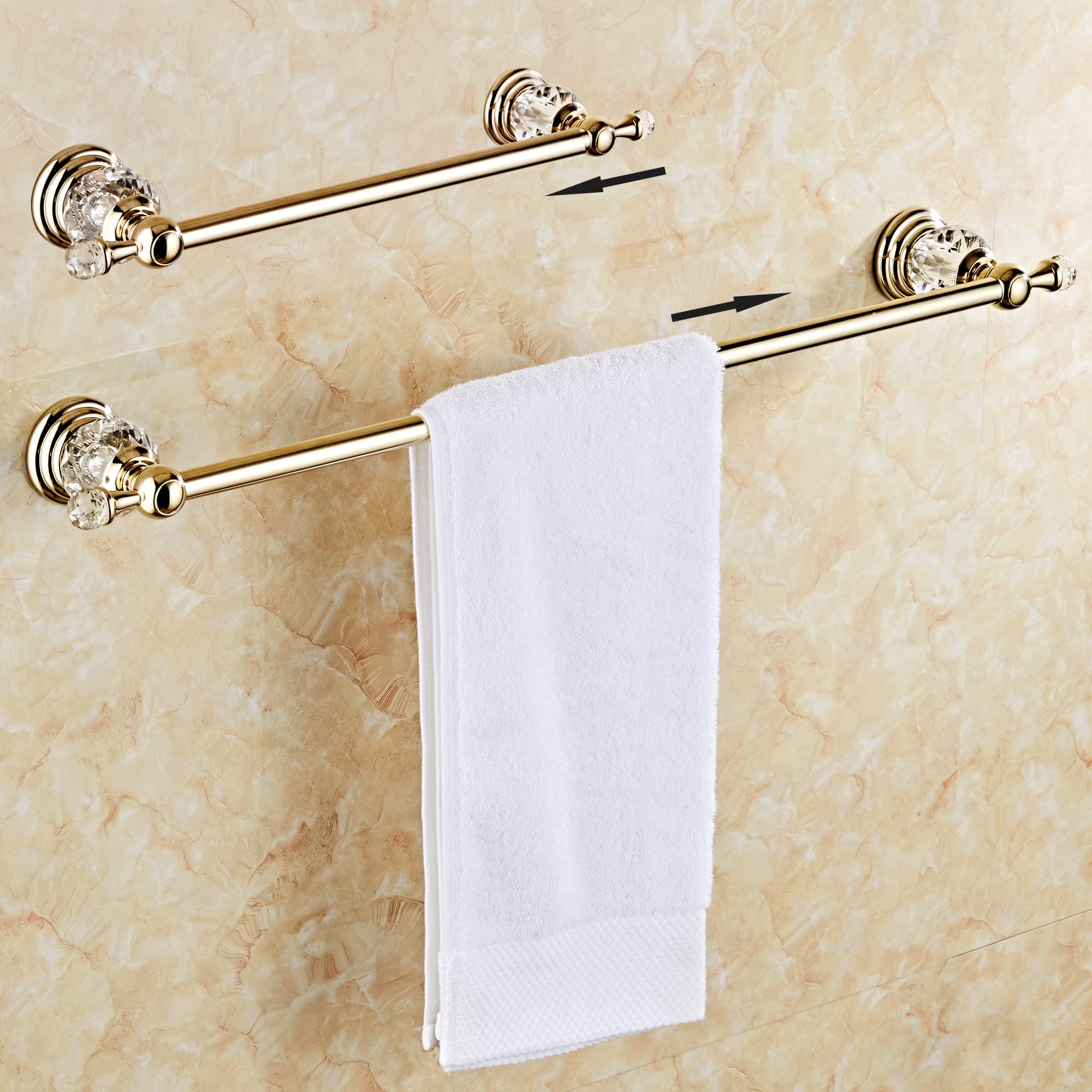 Premium Gold Crystal Bathroom Hardware Set - Adjustable Towel Rack, Toilet Paper Holder, Hand Towel Ring & Wall Hooks - Elegant Wall Mounted Bathroom Accessories for Modern Homes, Hotels & Luxury Spaces