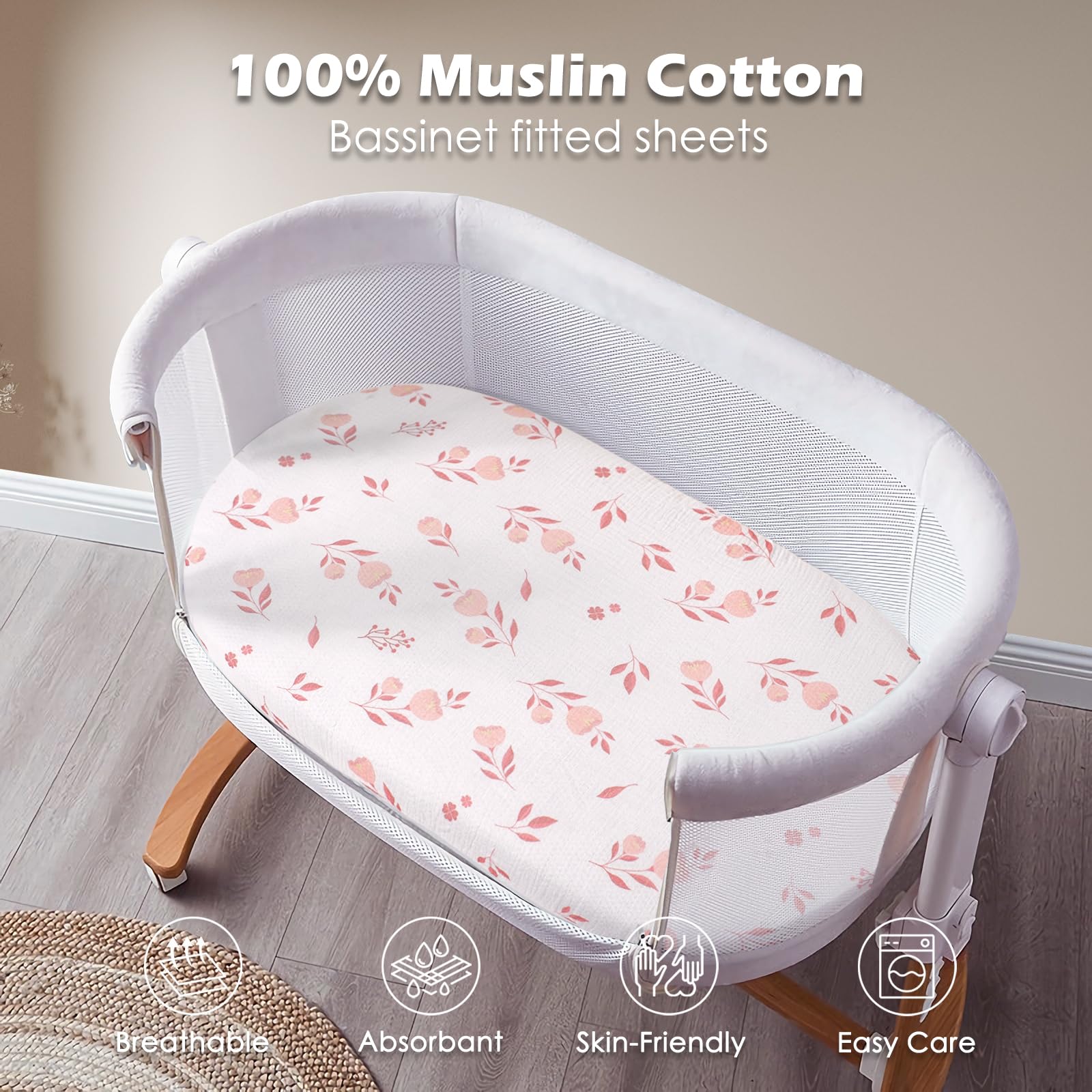 Soft 100% Cotton Muslin Bassinet Sheets for Baby Girls - 2 Pack Fitted Crib Sheets for Oval, Rectangle & Hourglass Mattresses (Pink Floral Design) - Perfect for Nursery, Travel & Co-Sleeping