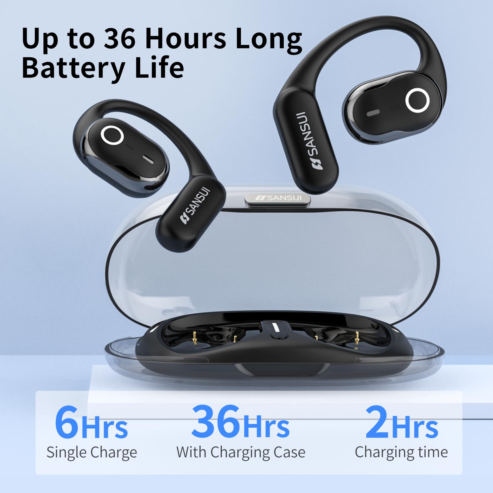 SANSUI Open Ear Wireless Bluetooth 5.4 Earbuds - 36H Battery HiFi Stereo Headphones with ENC Noise Cancelling Mic - Lightweight Sport Earphones for Running, Workouts & Gym - Perfect for Outdoor Activities & Commuting (Black)