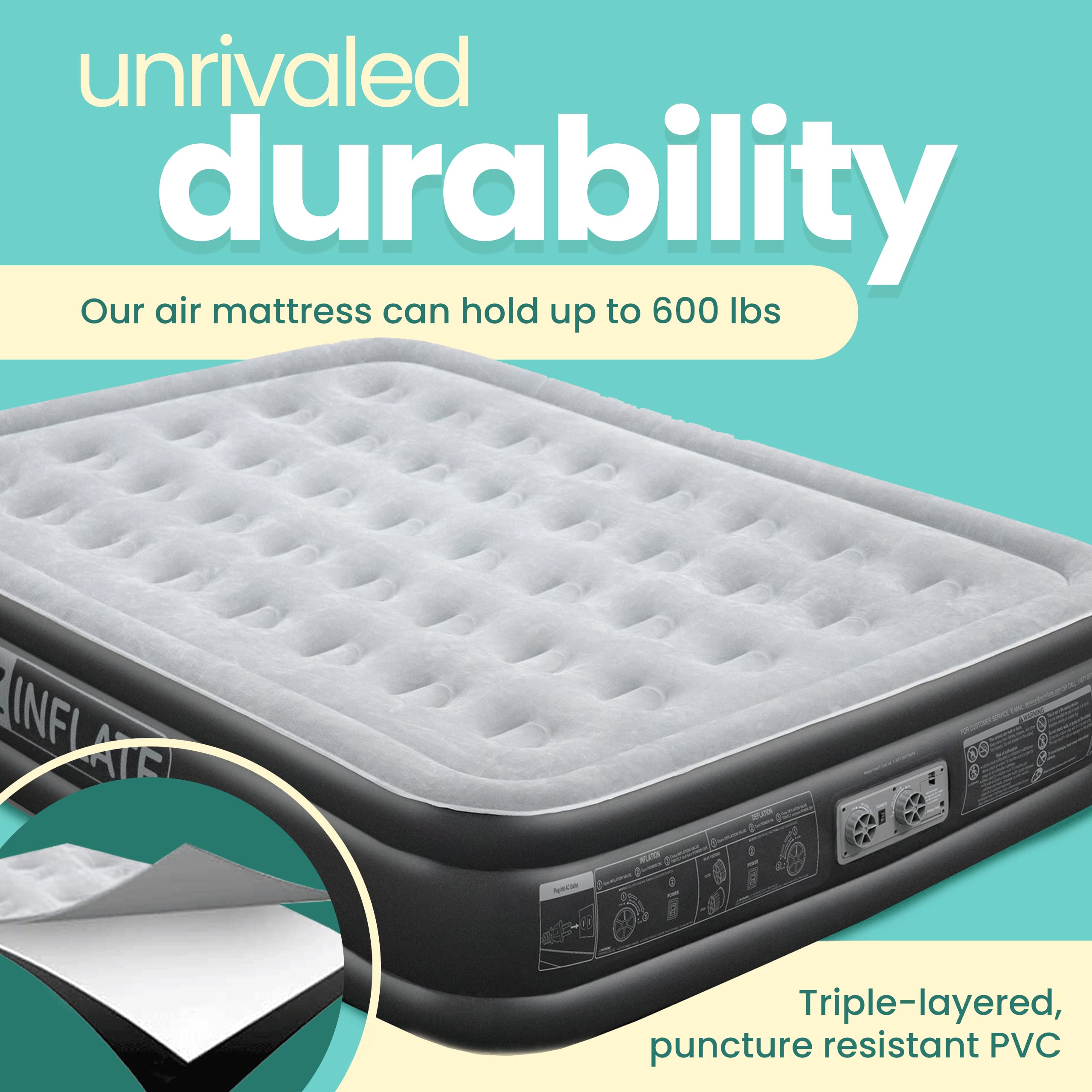 EZ INFLATE Double High Luxury Air Mattress with Built-in Pump - Queen Size Inflatable Mattress for Camping, Guest Bed & Home Use - Quick Inflation & Comfort Support