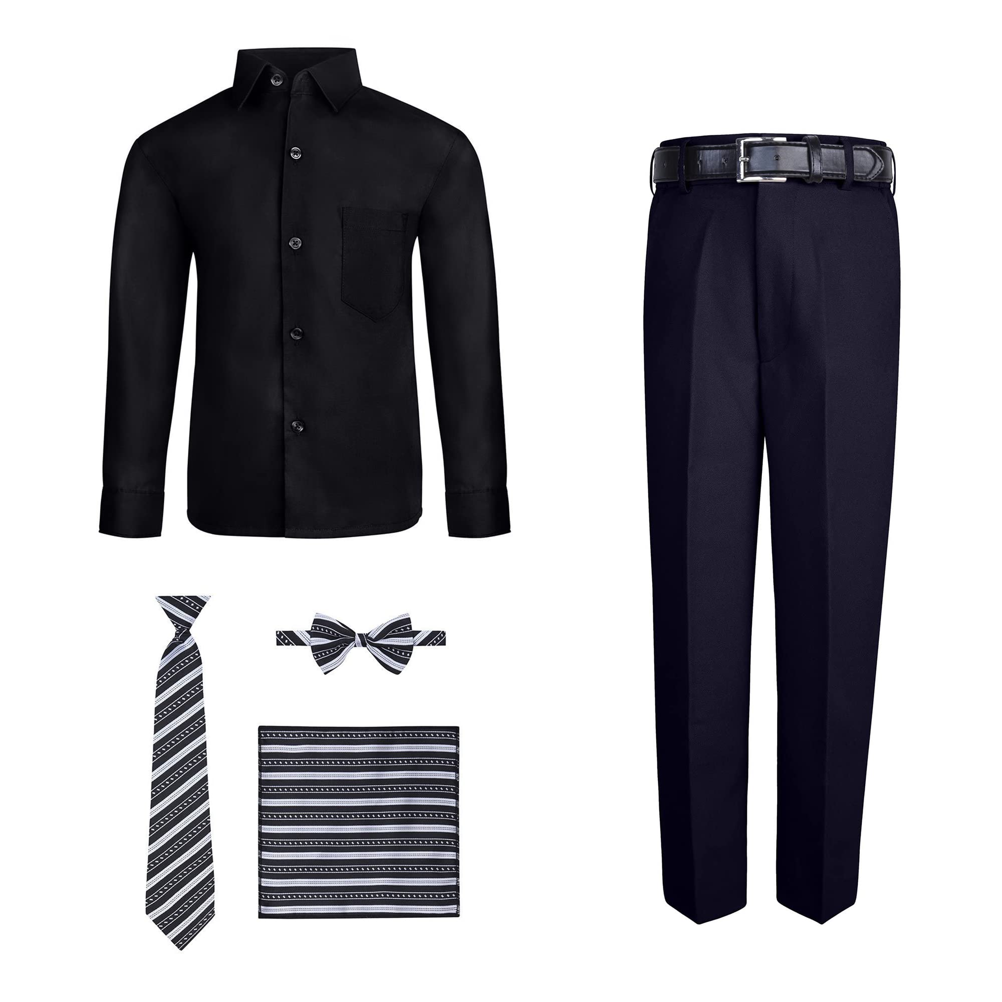 Boys' 6-Piece Formal Dress Set - Black Dress Shirt & Navy Dress Pants with Tie, Bow Tie, Handkerchief & Belt - Size 8 - Perfect for Weddings, Church, School Photos & Special Occasions