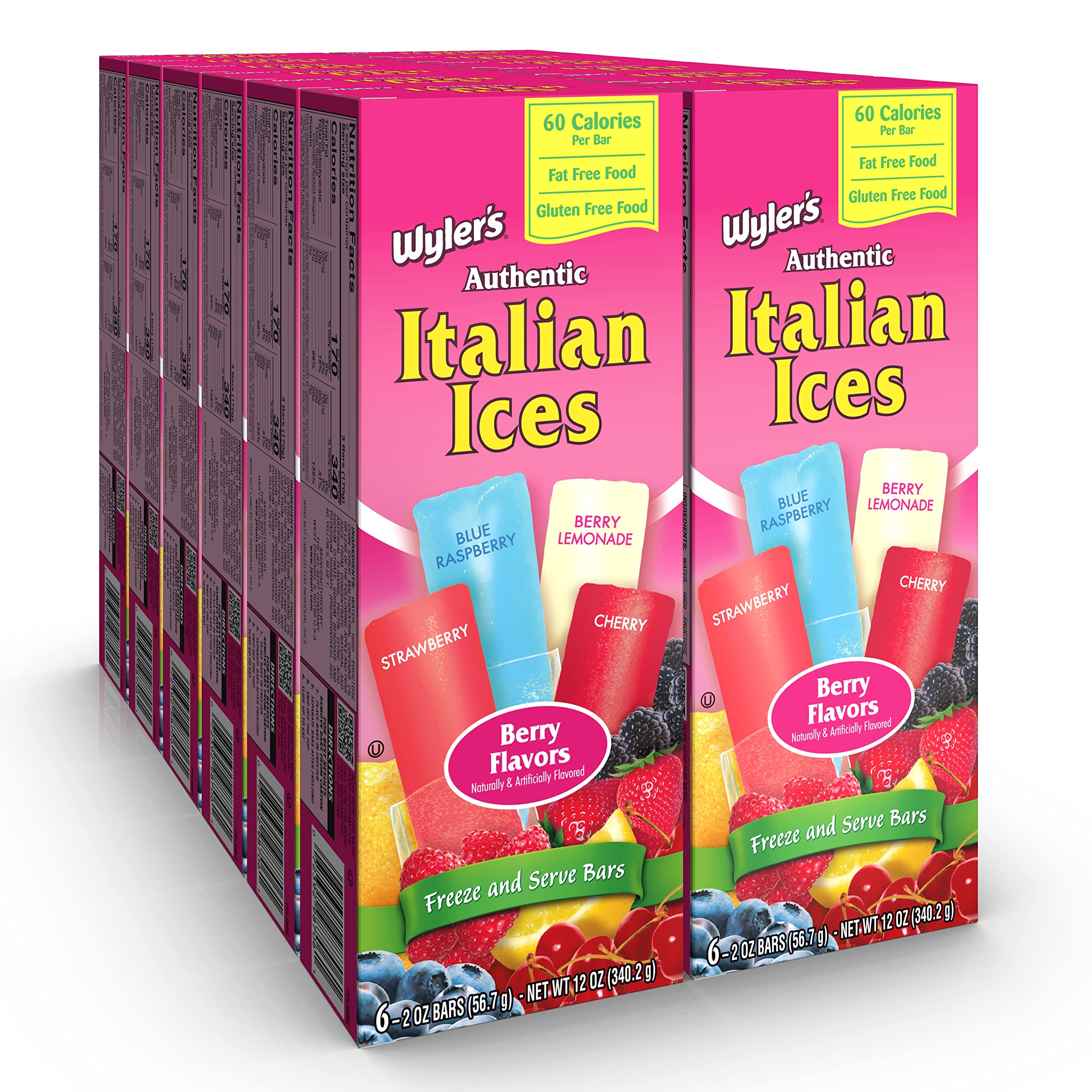 Wyler's Italian Ice Fat Free Freezer Bars - Berry & Cherry Mix (12 Pack, 144 oz) | Refreshing Frozen Treats for Summer Parties, BBQs & Family Gatherings
