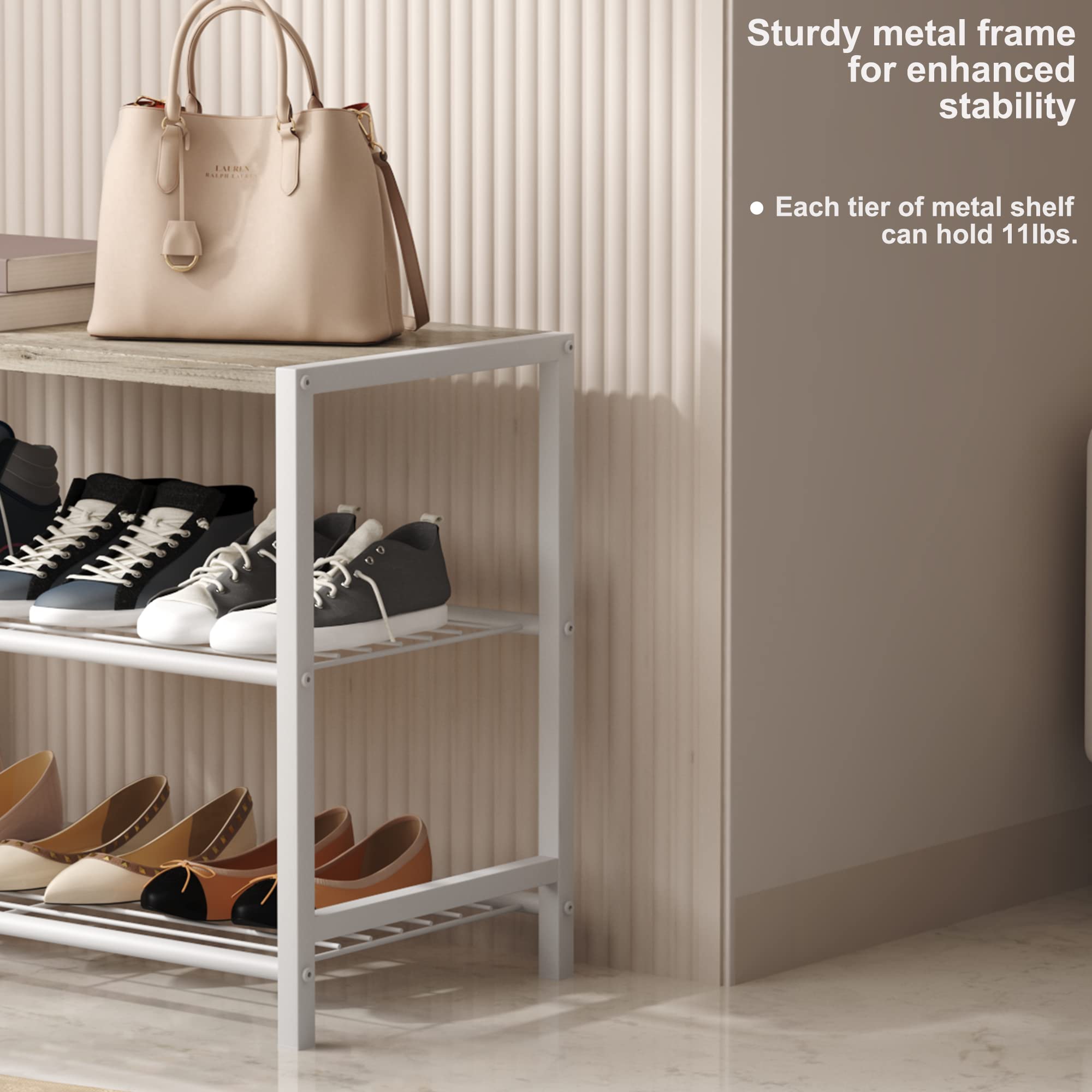 HOMEFORT 3-Tier Metal Shoe Rack - Space Saving Shoe Storage Shelf, Industrial Shoe Organizer Tower for Closet, Entryway & Small Spaces - Durable Narrow Shoe Table with White Oak Finish - Perfect for Apartments, Dorm Rooms & Mudroom Organization