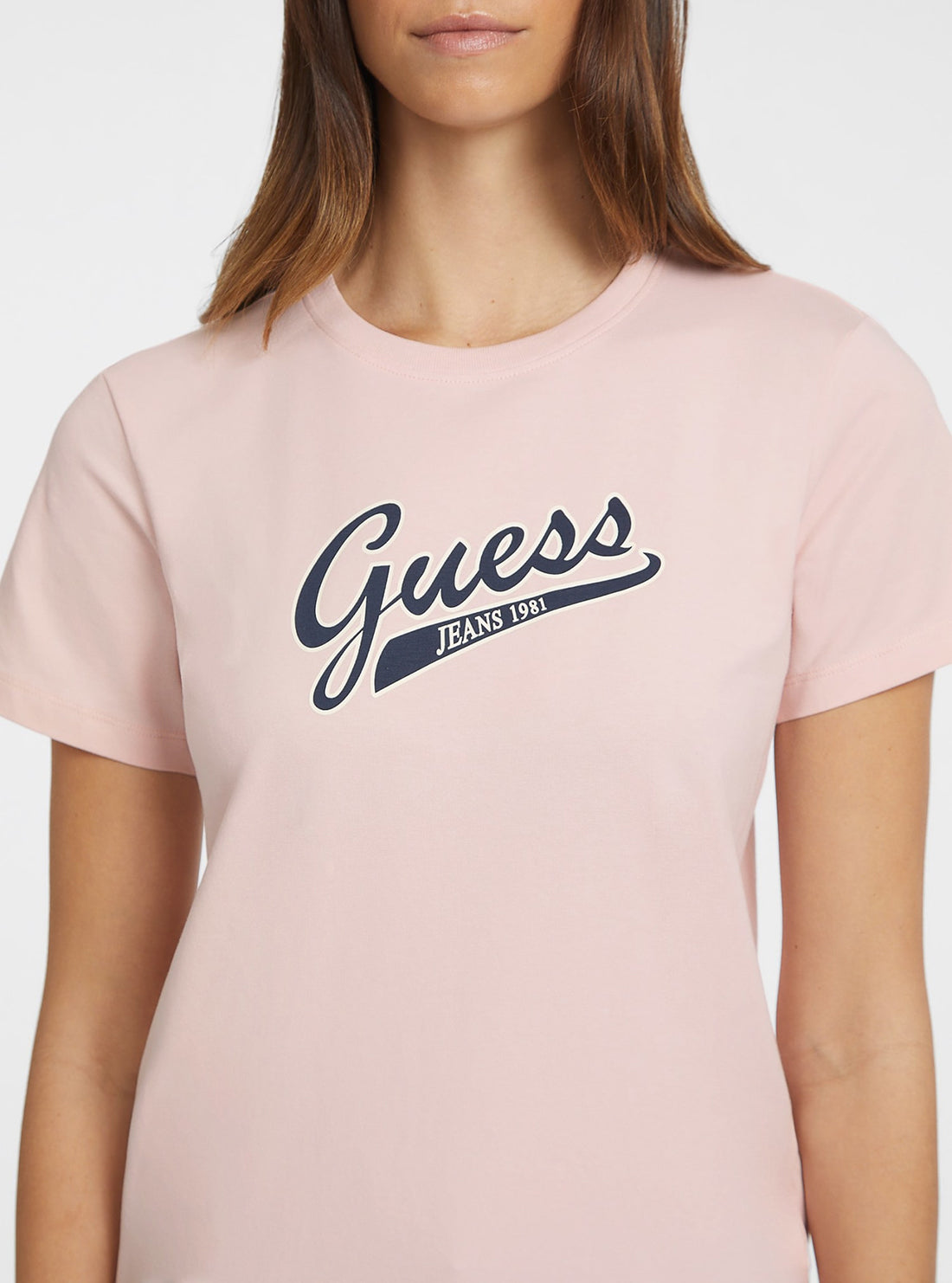 Guess Women's Light Pink Script Logo T-Shirt - Casual Cotton Tee for Everyday Wear & Outfits