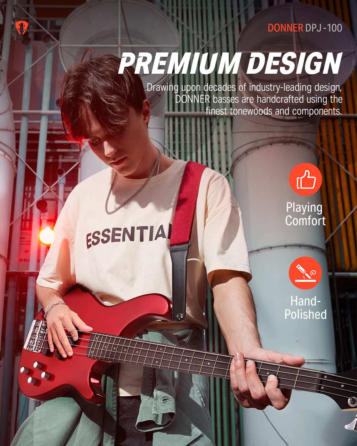 **Donner DPJ-100 4-String Full-Size Electric Bass Guitar for Adults – PJ-Style Pickups, Red with Gig Bag, Strap & Cable – Perfect for Beginners, Practice & Live Performances**