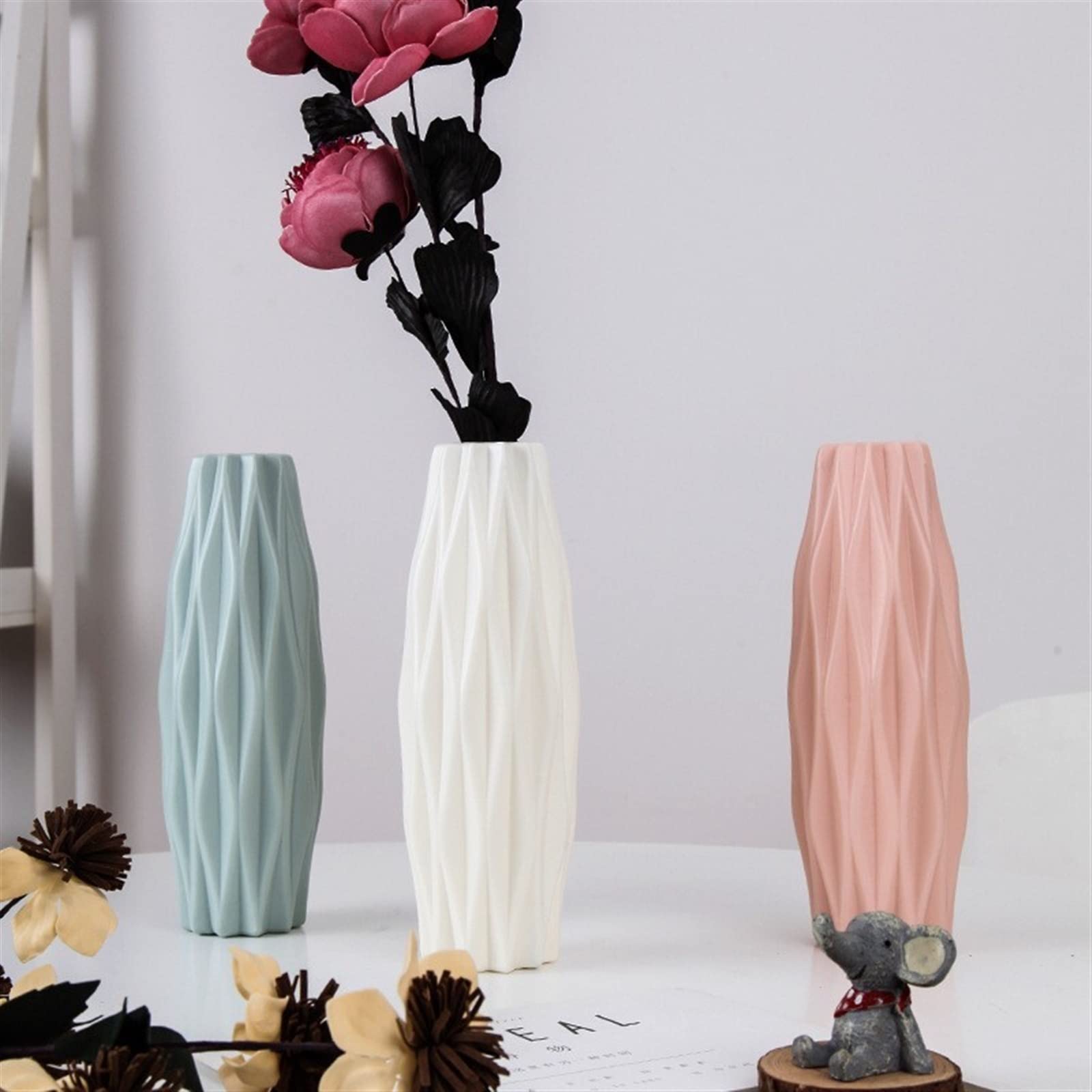 3-Piece Nordic Style Plastic Vases for Centerpieces - Anti-Fall Flower Arrangement Containers for Dry & Fresh Flowers - Elegant Home Decor for Living Room, Wedding, Dining Table & Office Desk