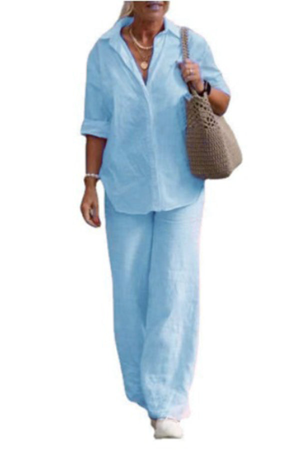 Stylish Solid Color Casual Long Sleeve Shirt & Elastic Waist Loose Wide Leg Pants Set for Women - Perfect for Office, Travel and Everyday Wear