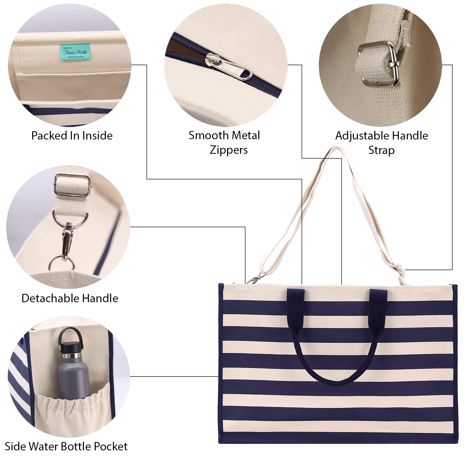 Vanessa Rosella XL Beach Tote Bag - Cotton Canvas Cabana Bag with Zipper for Pool, Travel & Picnic