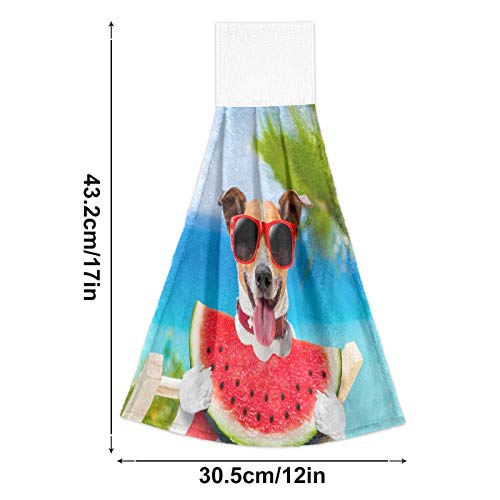 2 Pack Summer Dog Puppy Hand Towels - Soft Absorbent Microfiber Kitchen & Bath Towels with Hanging Loop, Watermelon Beach Design for Bathroom, Laundry, Farmhouse - Perfect for Pets, Beach Trips & Home Decor