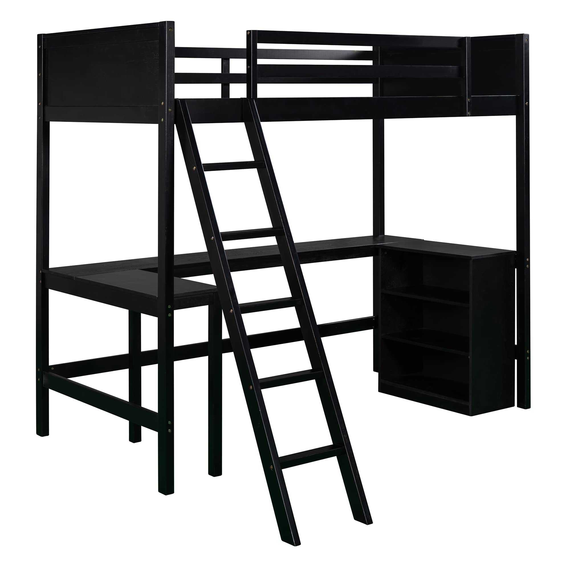 P PURLOVE Twin Size Wooden Loft Bed with Long Desk & Shelves - Space-Saving Kids & Teens Bed for Small Bedrooms, Dorms & Apartments - Perfect Study & Sleep Solution for Compact Living Spaces