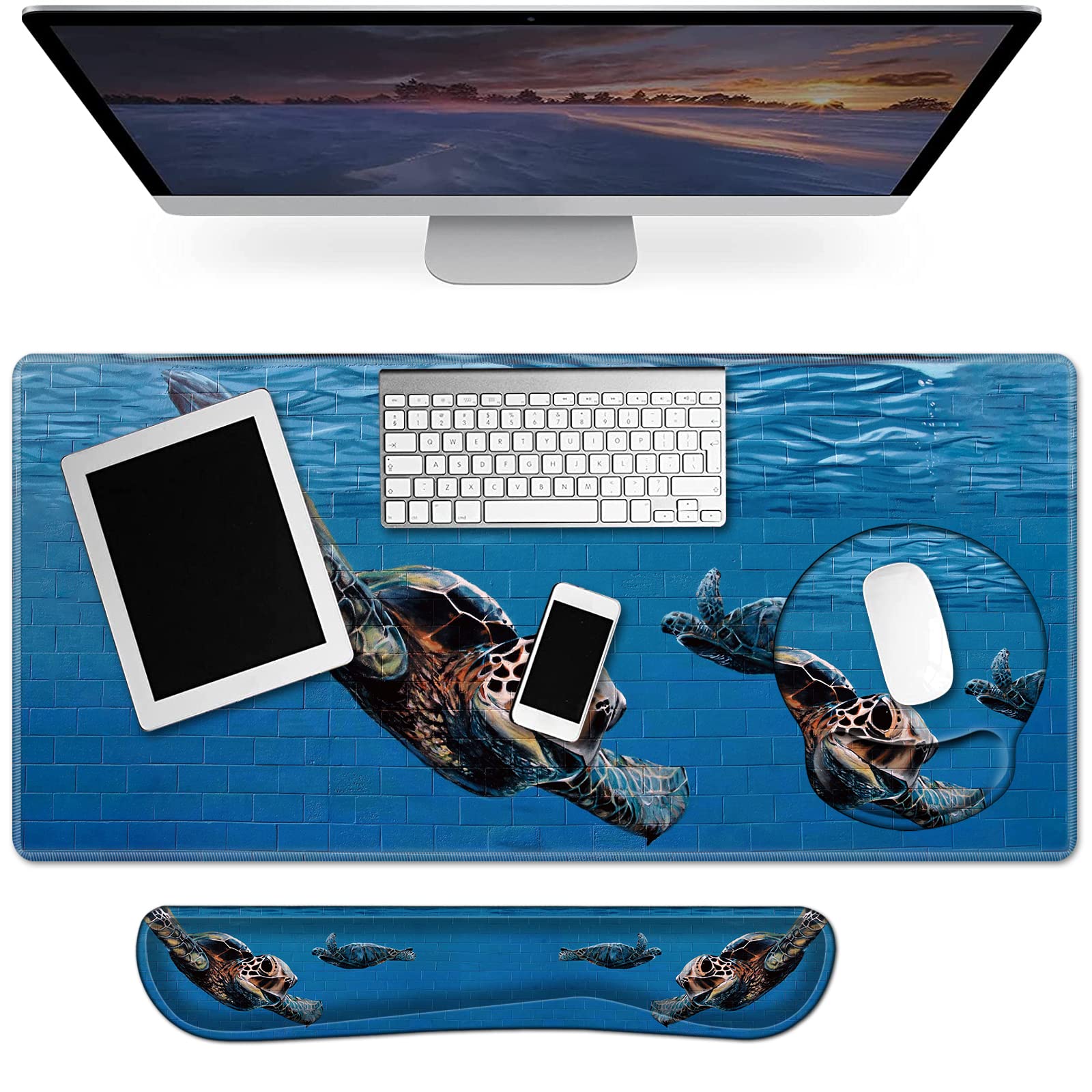 3 in 1 Full Desk Mouse Pad and Keyboard Wrist Rest Set - Extended Gaming Mouse Mat with Ergonomic Memory Foam Wrist Support for Office & Home Use - Sea Turtle Art Design for PC, Laptop, and Computer Workstations