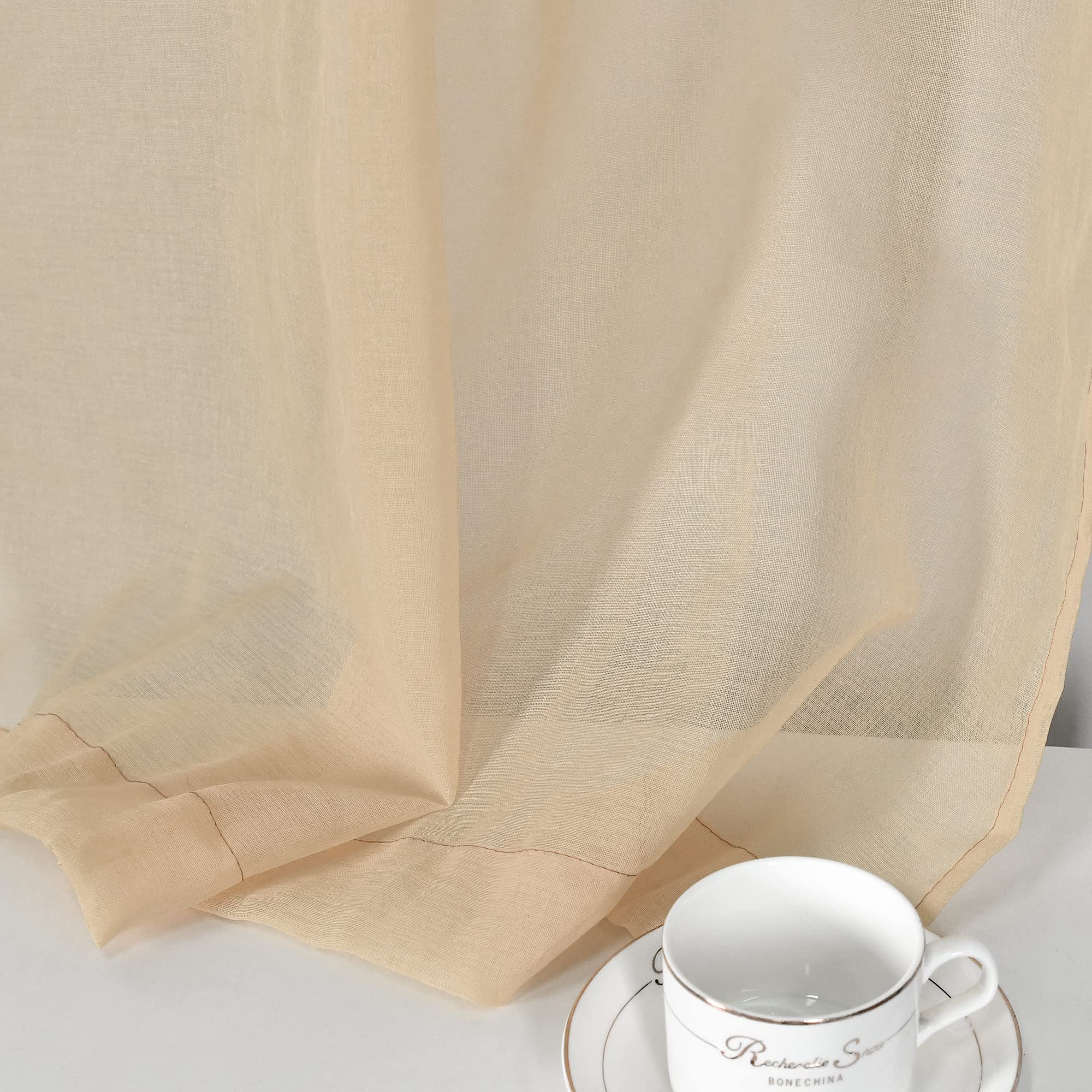 Dualife Taupe Sheer Curtains 36 Inch Length - 2 Panels Rod Pocket Semi-Sheer Kitchen Curtains, Light Brown Faux Linen Window Treatment for Privacy & Sun Filtering (34x36 Inches) - Perfect for Kitchens, Bathrooms & Small Windows