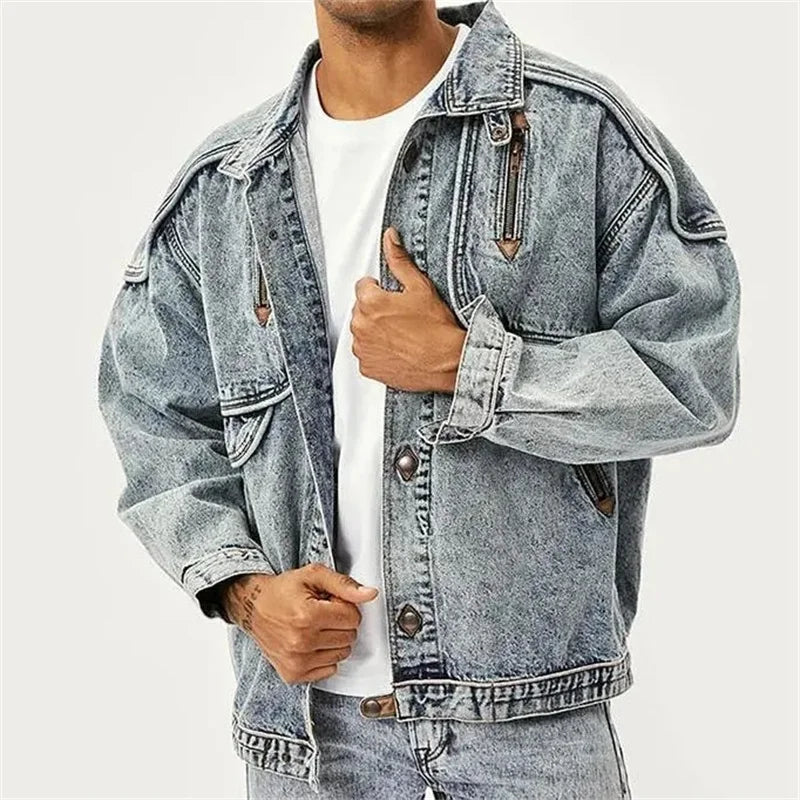 Men's Denim Jacket - Solid Color Lapel American Style Washed Patchwork with Multiple Pockets | Casual Fall Outerwear for Streetwear & Everyday Wear