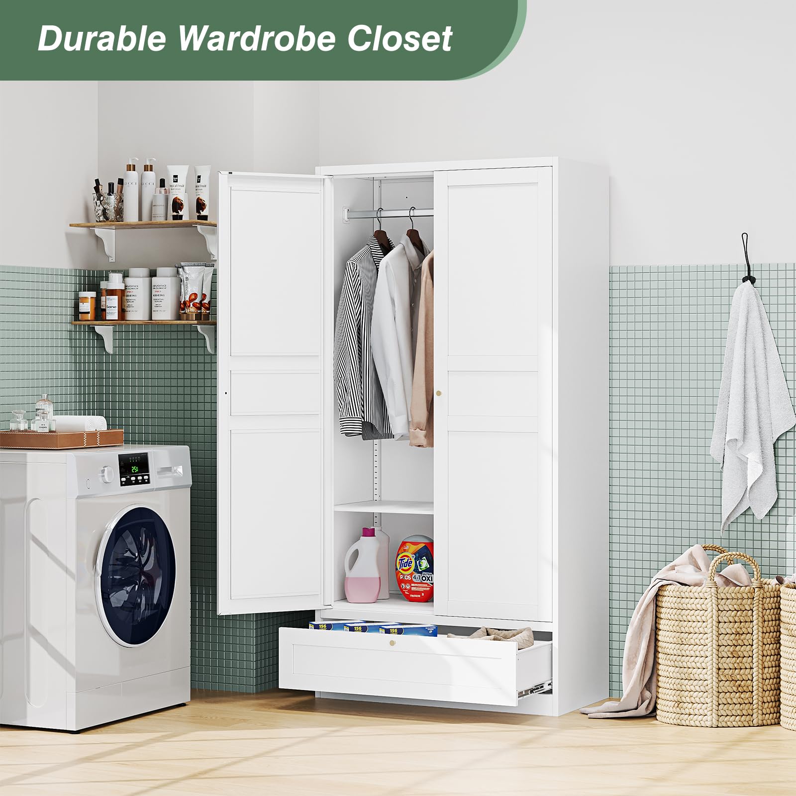White Metal Wardrobe Closet Cabinet with Drawers, Doors & Shelves - Storage Armoire for Bedroom, Laundry Room, Home Office & Bathroom Organization | Space-Saving Closet Solution for Small Spaces & Apartment Living