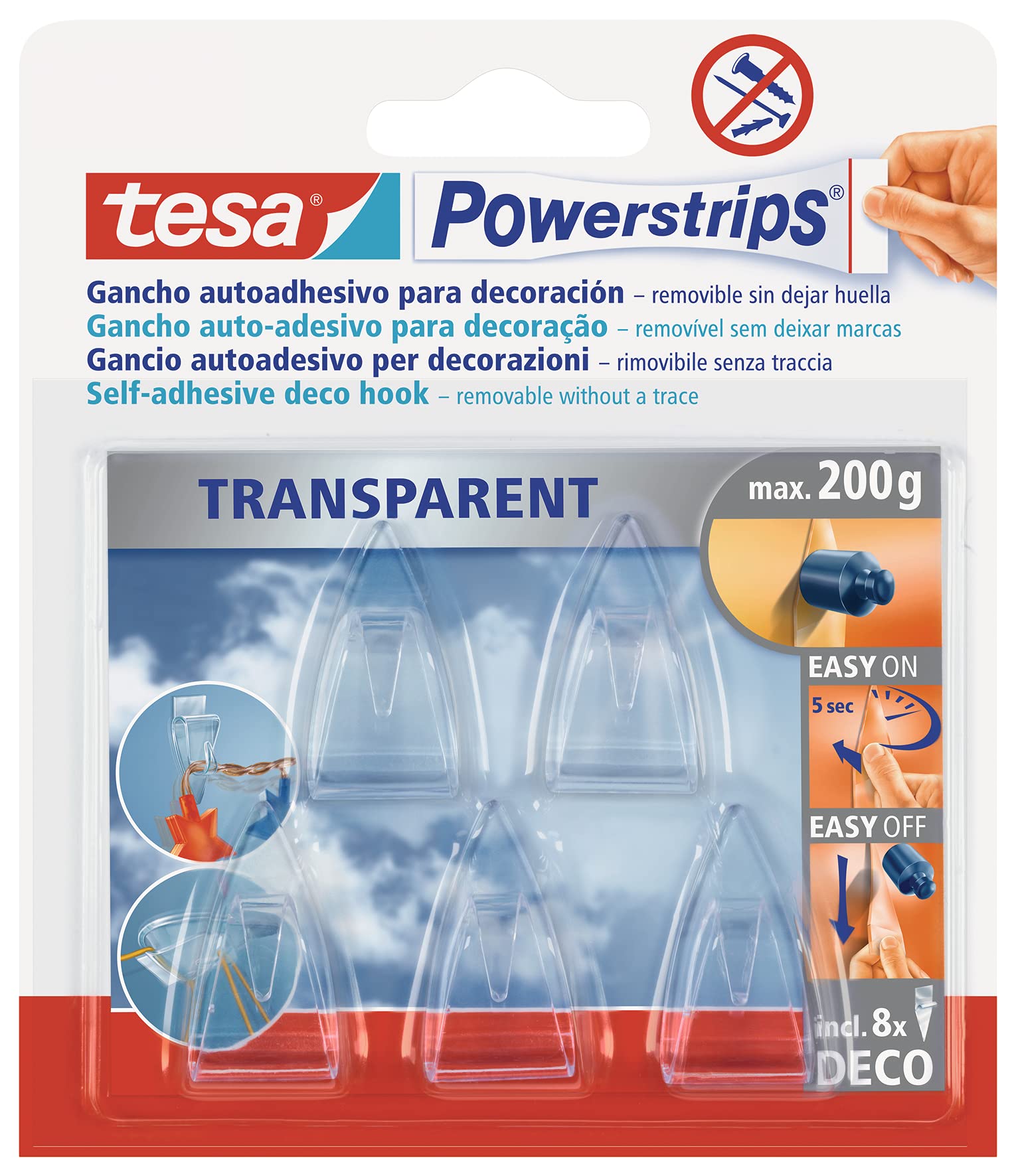 Tesa 58900-00014-01 Powerstrips Deco 5 Transparent Hooks with 8 Removable Biadhesive Strips - Damage-Free Hanging Solution for Home & Office Decor, Photos, Keys & Lightweight Items