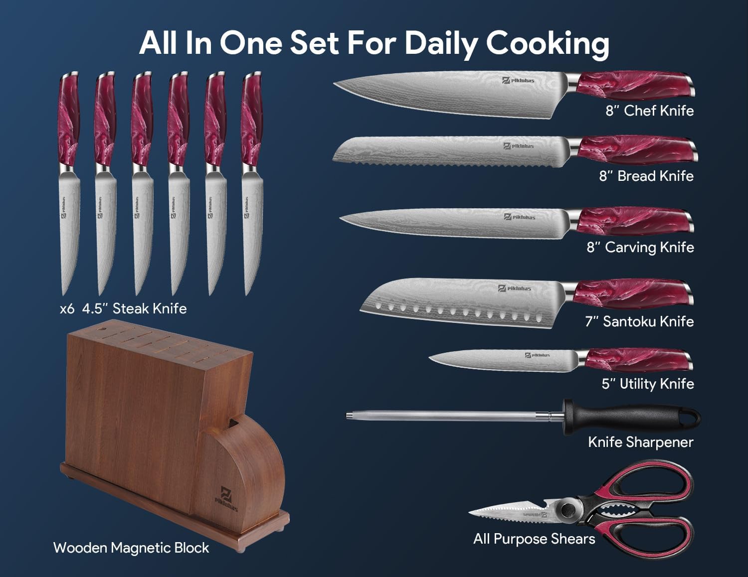 14-Piece German Stainless Steel Damascus Knife Set with Magnetic Holder - Ultra Sharp Kitchen Knives for Professional Chefs & Home Cooking - Red Flowing Cloud Design for Elegant Kitchen Decor (Perfect for Meat Cutting, Vegetable Chopping & Food Prep)