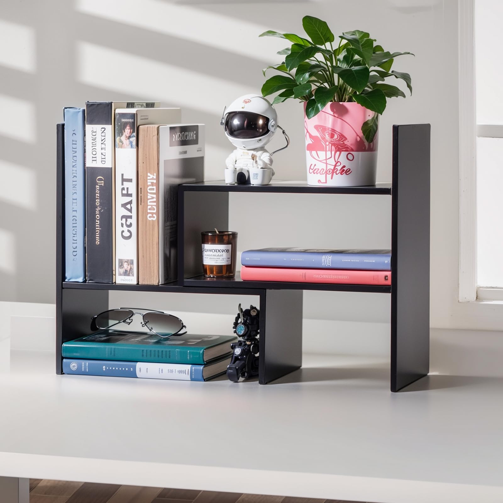 Adjustable Desktop Shelf Organizer - Expandable Bookshelf Display Rack for Office Storage | Versatile Desk Organizer with Free Style Design | Perfect for Home Office, Study Room & Workspace Organization (Black)