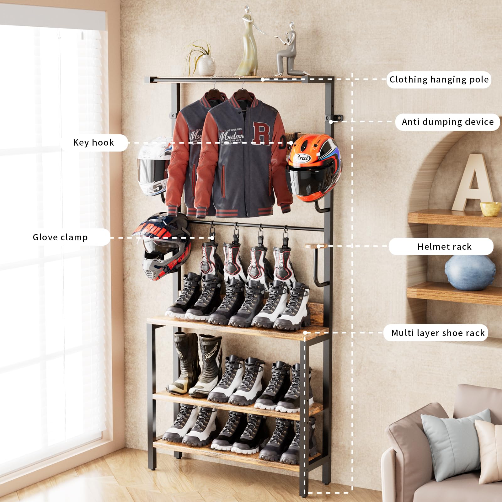 Motorcycle Helmet Holder - Floor & Wall Mounted Stand with Helmet Rack, 4 Glove Chips & 4 Hooks - Rustic Design for Most Helmets - Perfect for Garage, Shed, or Workshop Organization