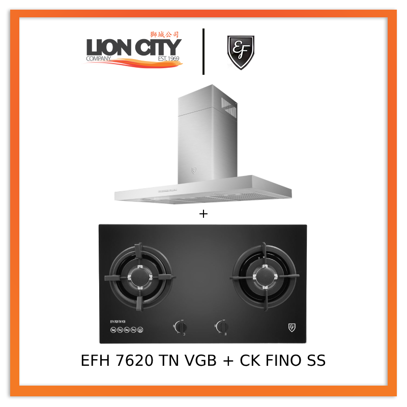 EF 90cm Stainless Steel Chimney Hood CK Fino + EFH 7620 TN VGB Glass Hob - Modern Kitchen Ventilation for Home Cooking & Baking - Perfect for Apartments, Restaurants & Open Kitchens
