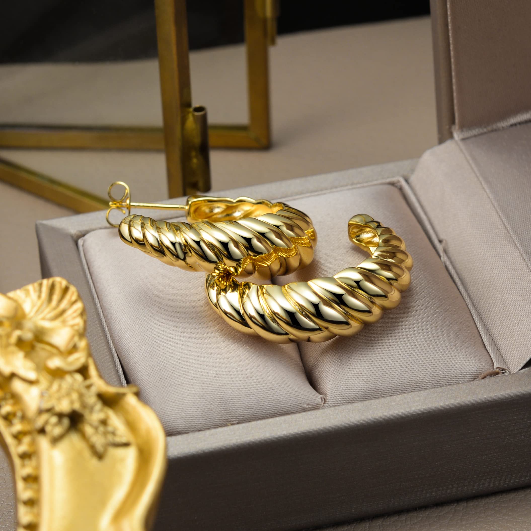 14K Gold Plated Croissant Earrings for Women - 925 Sterling Silver Twisted Hoop Earrings with CZ Stones | Chunky Huggie Hoops | Perfect Mother's Day Gift for Her | Elegant Everyday Wear & Special Occasions