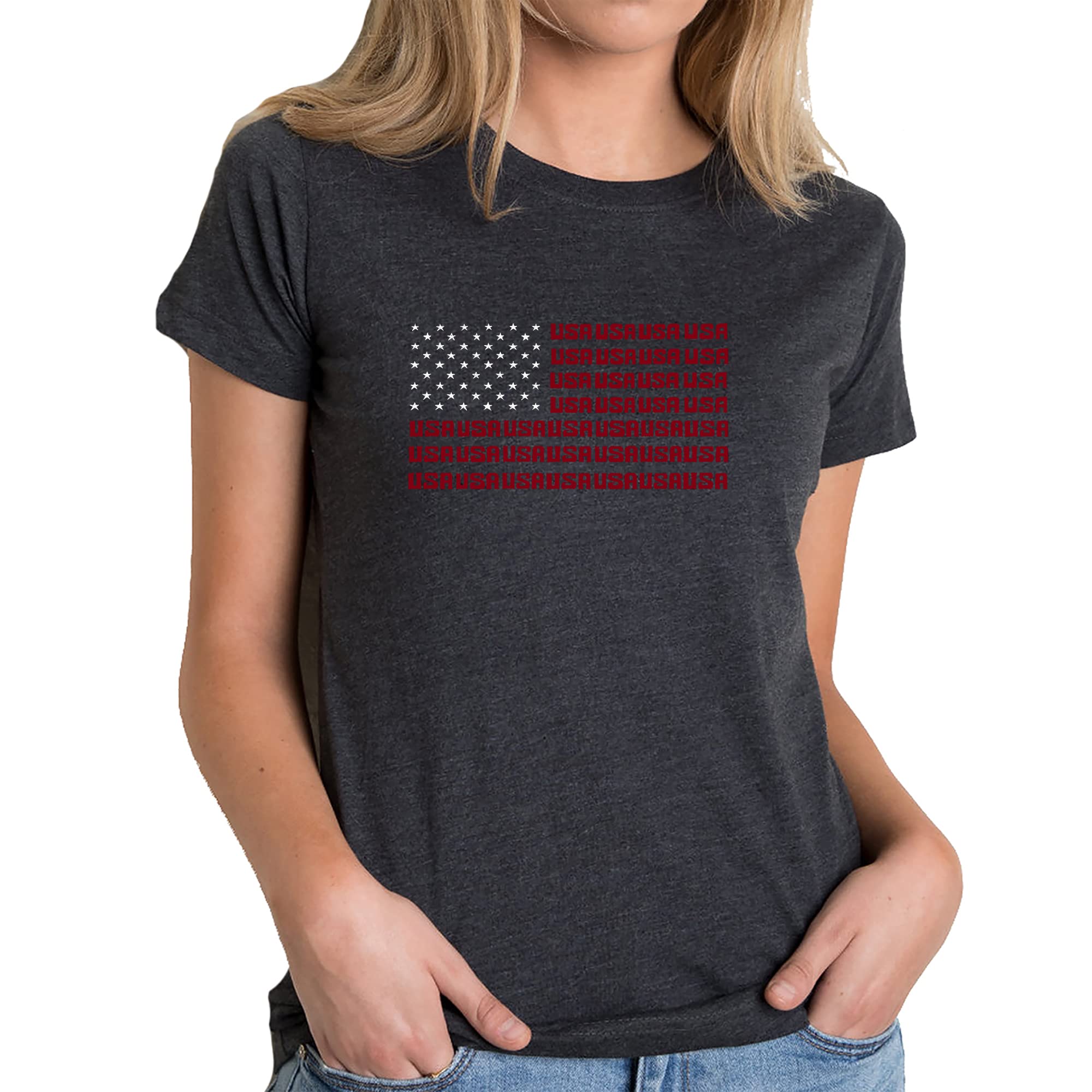 LA POP ART Women's Premium Blend Word Art T-Shirt - Patriotic USA Flag Design | Comfortable Casual Wear for Everyday, Parties & Fourth of July Celebrations