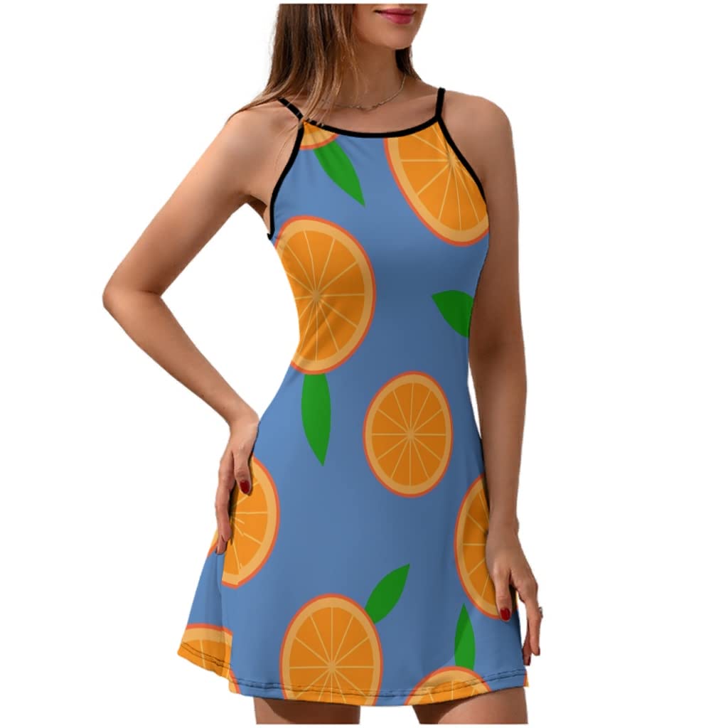 Jmyylaru Women's Orange Lemon Print Mini Strap Dress - Sleeveless Slimming Elastic Sundress for Summer, Beach, Party & Bedroom Wear