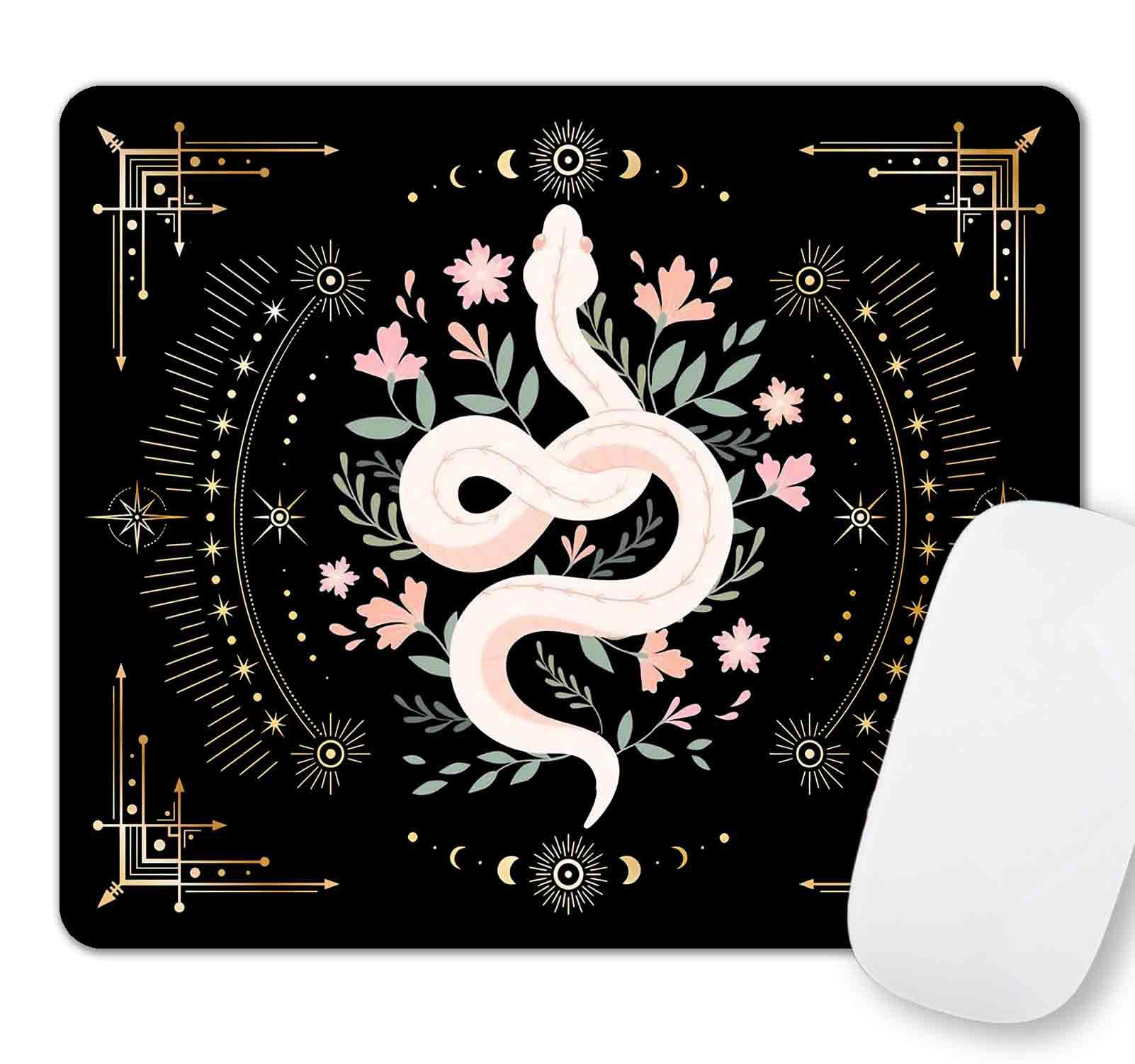 Boho Snake Witch Mouse Pad with Moon Phases - 9.5x7.9 Inch Non-Slip Cute Mouse Mat for Women Girls, Computer PC Laptop Desk Accessories - Perfect for School, Office, Home & Gaming Setup