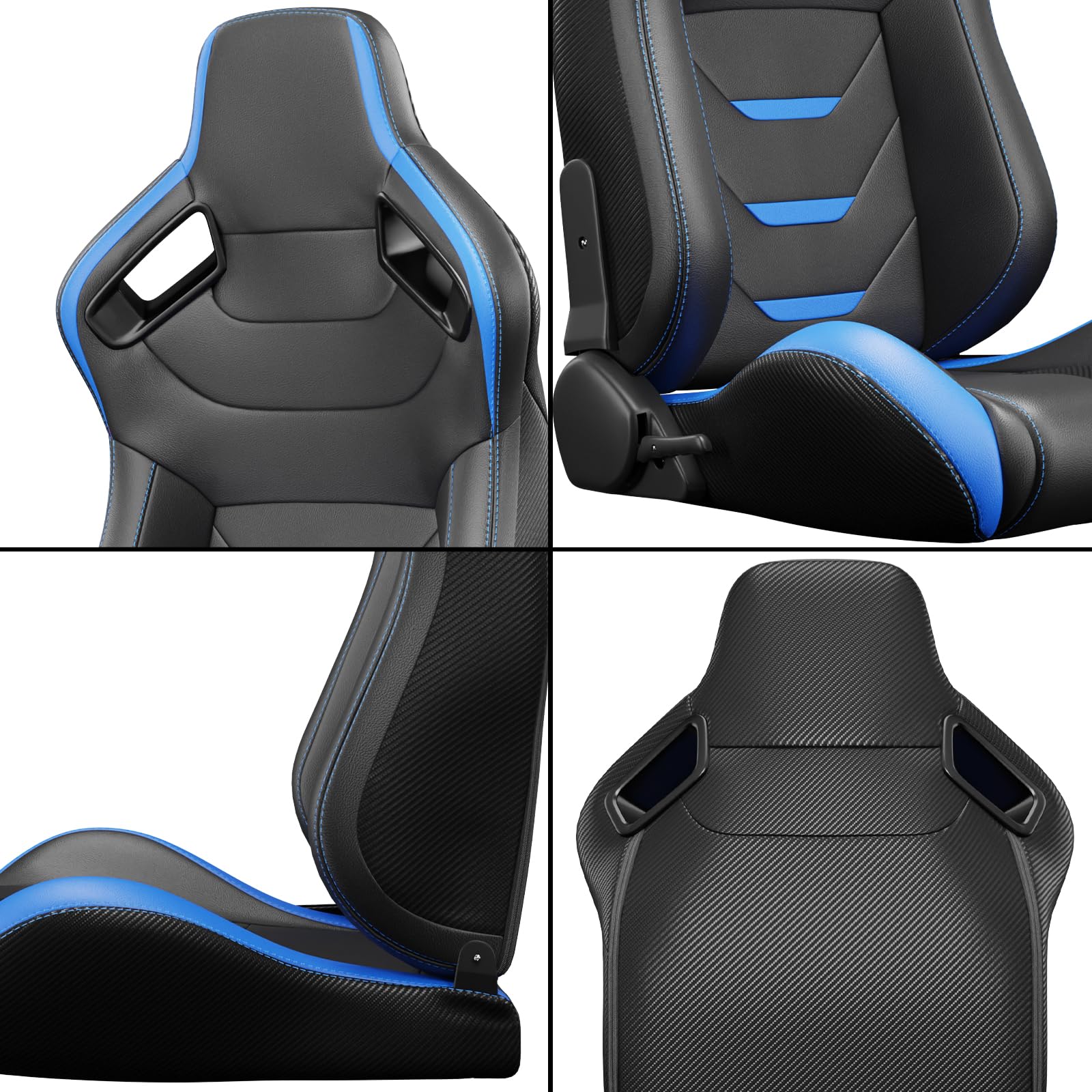 2 Pcs Universal Racing Seats with Dual Lock Sliders, Reclinable Bucket Seats - Adjustable PU Leather Sport Seats for Cars (Black & Blue) - Perfect for Racing, Drifting & Car Upgrades