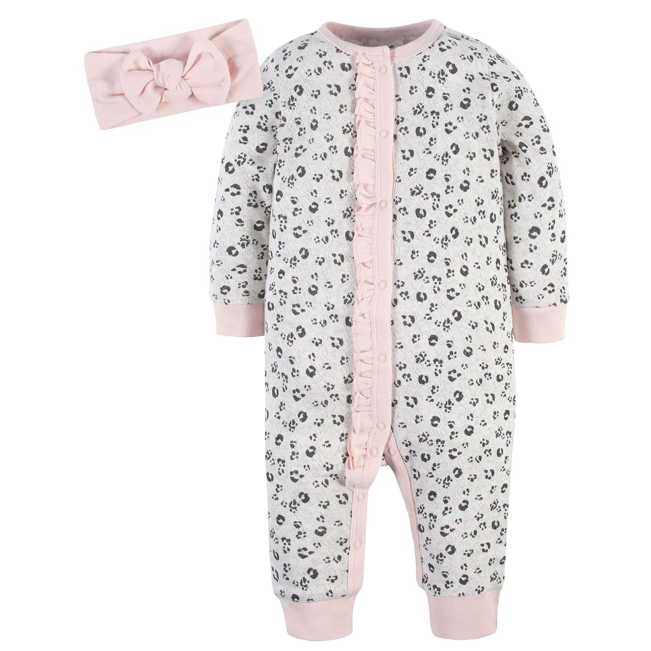 Gerber Baby Girls' 4-Piece Coveralls & Headband Sets - Leopard & Floral Print Outfits for 0-3 Months | Soft Cotton Infant Romper & Headband Combo for Newborn Photo Shoots, Playdates & Special Occasions