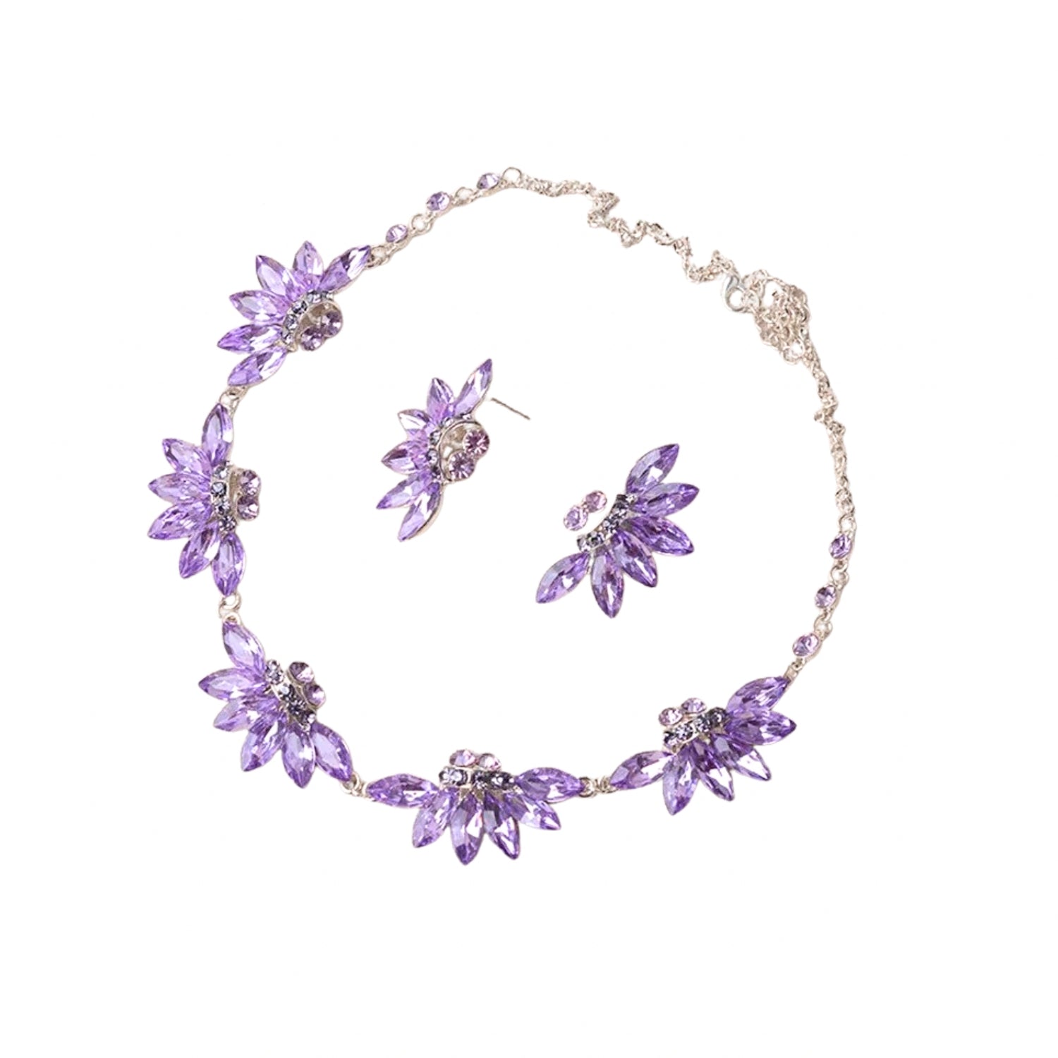 Elegant Purple Flower Plated Bridal Jewelry Set for Women - Necklace, Dangle Earrings & Bracelet | Perfect for Wedding, Bridesmaid & Party Occasions