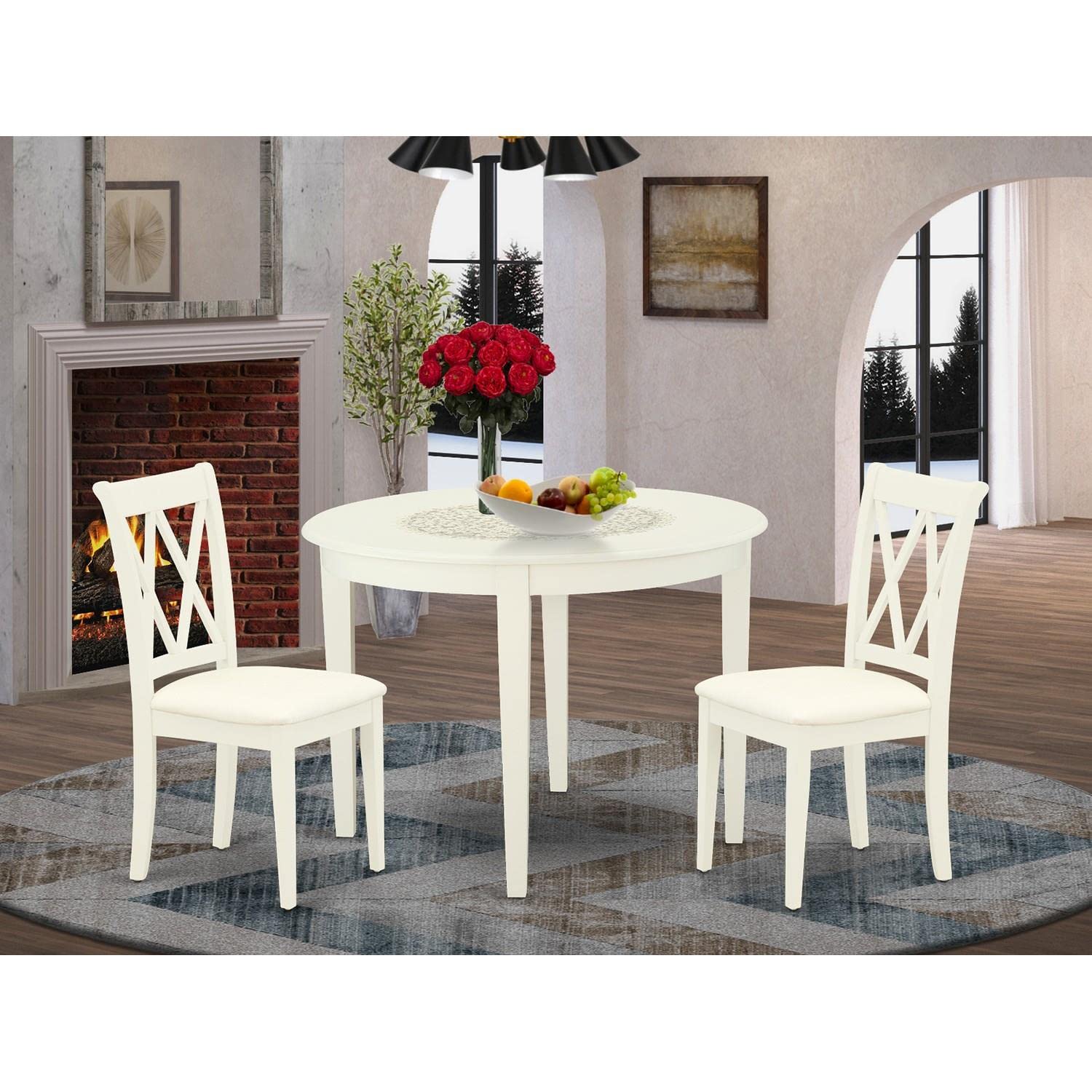 East West Furniture BOCL3-WHI-C 3-Piece Round Wooden Dining Table Set with 2 Linen Fabric Chairs, 42x42 Inch, White - Perfect for Small Kitchens, Breakfast Nooks & Cozy Dining Spaces