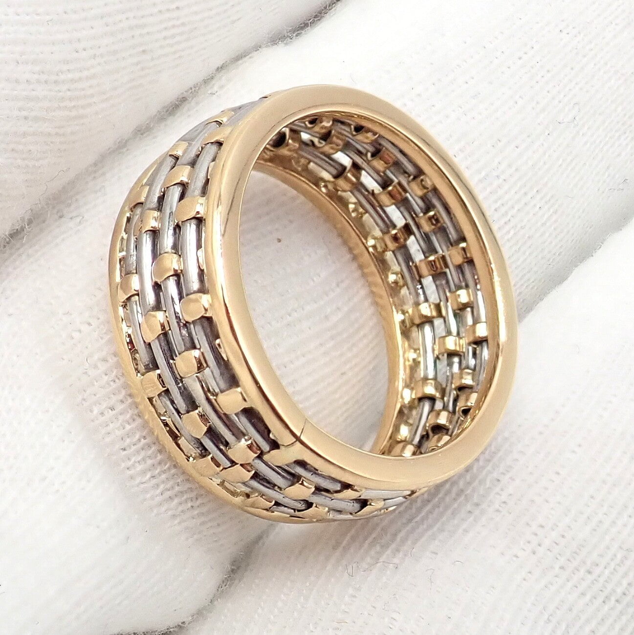 Authentic Cartier 18K Yellow Gold & Stainless Steel Basket Weave Ring and Earrings Set - Luxury Jewelry for Weddings, Anniversaries & Special Occasions