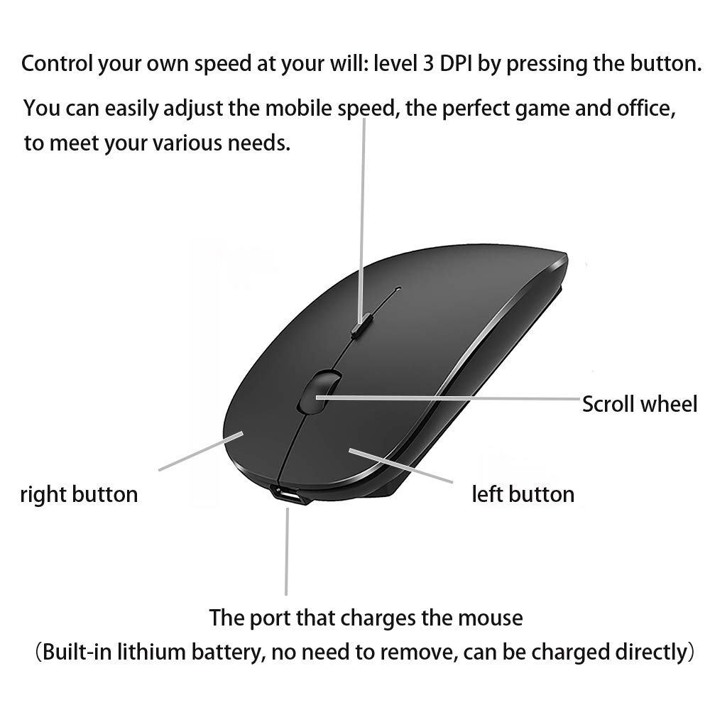 Wireless Bluetooth Mouse for Laptop, MacBook, iPad, PC - Compatible with MacBook Air, MacBook Pro, Windows, Chromebook & Desktop Computers (Black) | Perfect for Office, Home & Travel Use