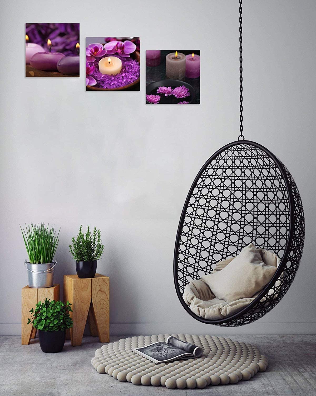 TutuBeer 3-Panel Purple Floral Canvas Wall Art - 20x20 Inch Framed Zen Spa Decor with Candles Still Life - Perfect for Home, Office, Kitchen & Meditation Room Wall Decor - Ready to Hang
