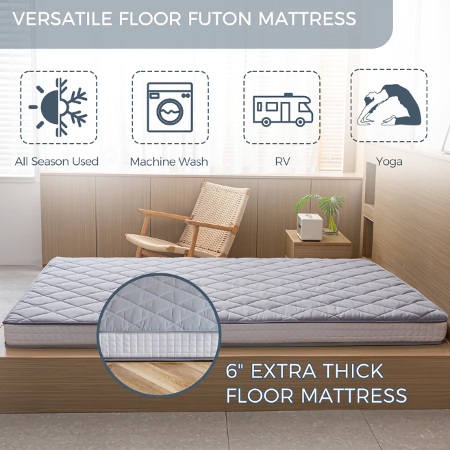 MAXYOYO Japanese Floor Futon Mattress - Diamond Pattern Roll Up Folding Bed for Adults & Guests, Grey | Portable Floor Sleeping Mat for Small Spaces, Camping & Travel