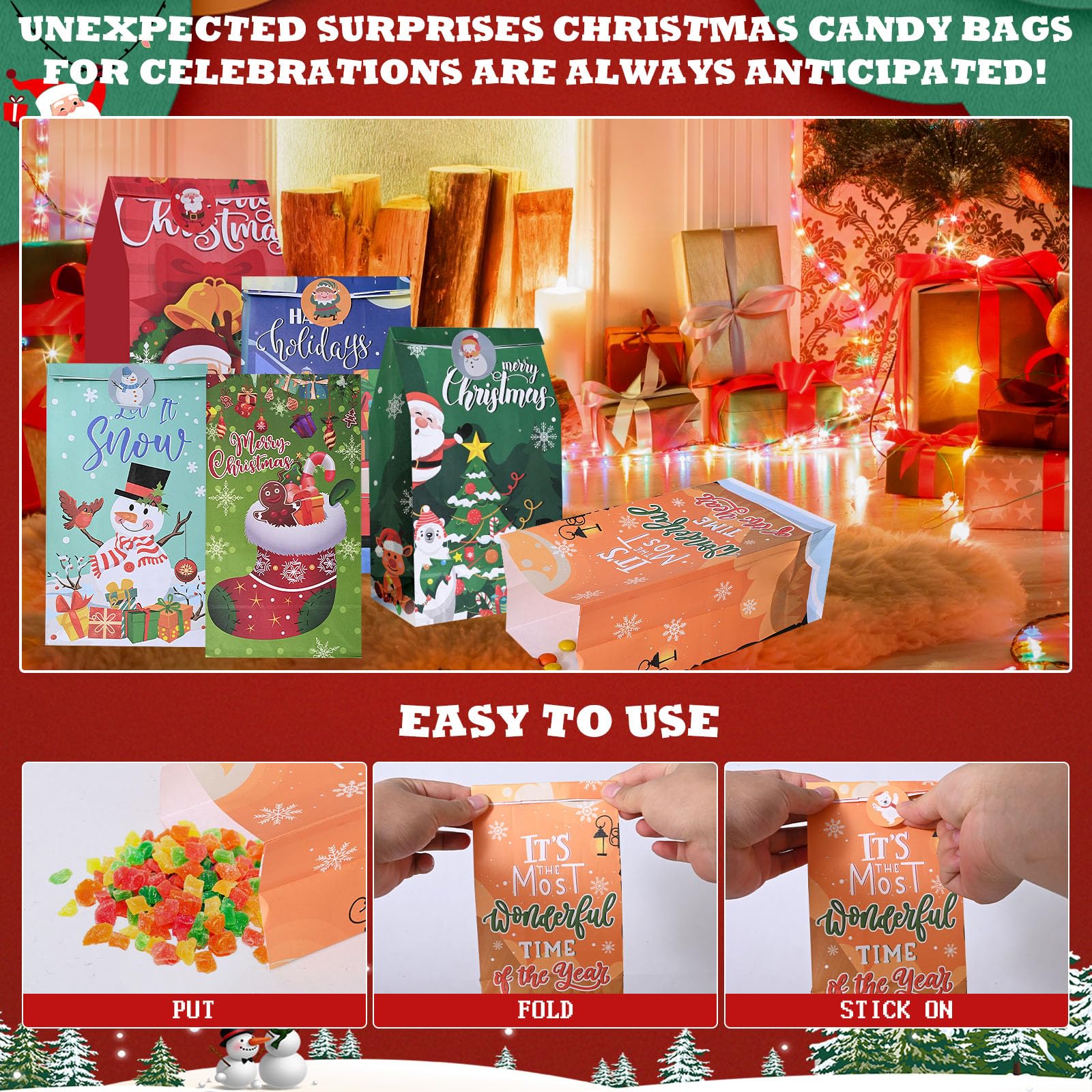 Firstake Premium Christmas Treat Bags - 32pcs Kids Candy Bags for Classroom Parties, Holiday Celebrations & Gift Giving - Reusable Party Favor Bags for Christmas Events, School Activities & Family Gatherings