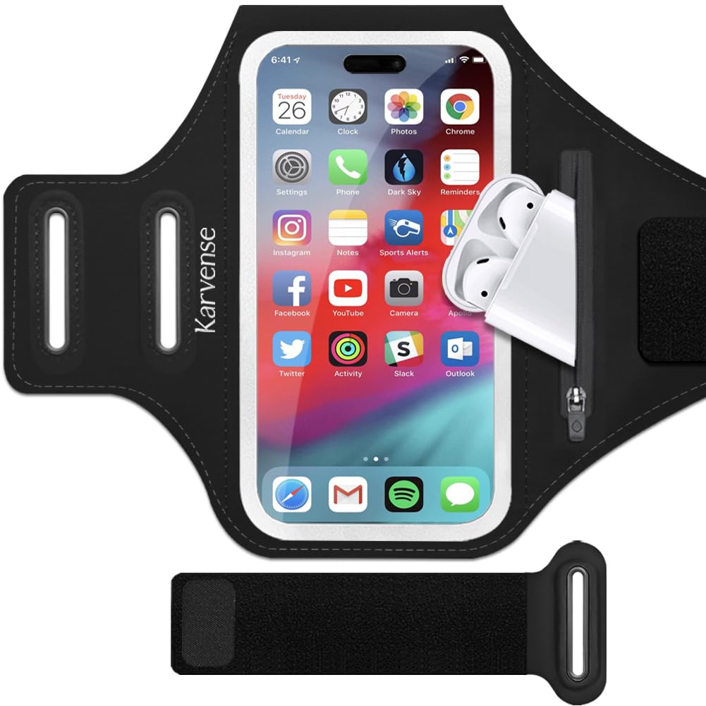 Karvense Running Phone Armband for iPhone 15 Pro Max/15 Plus/14 Pro Max/14 Plus/13/12/11 Pro Max & Samsung Galaxy - Adjustable Zipper Pocket Workout Arm Band - Perfect for Jogging, Gym, Cycling & Outdoor Activities